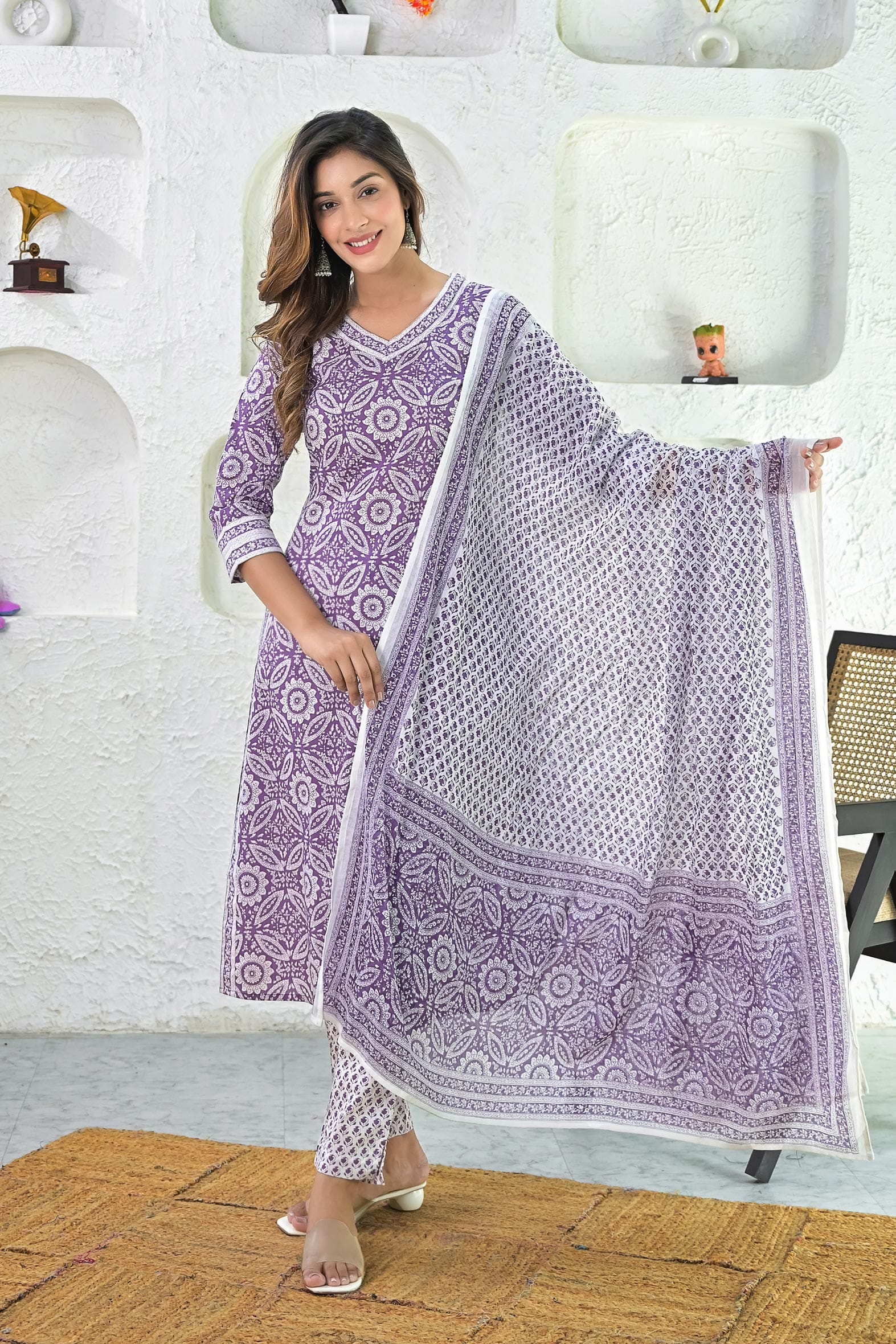 Beautiful Purple Hand Block Cotton Kurta Pant & Dupatta Set