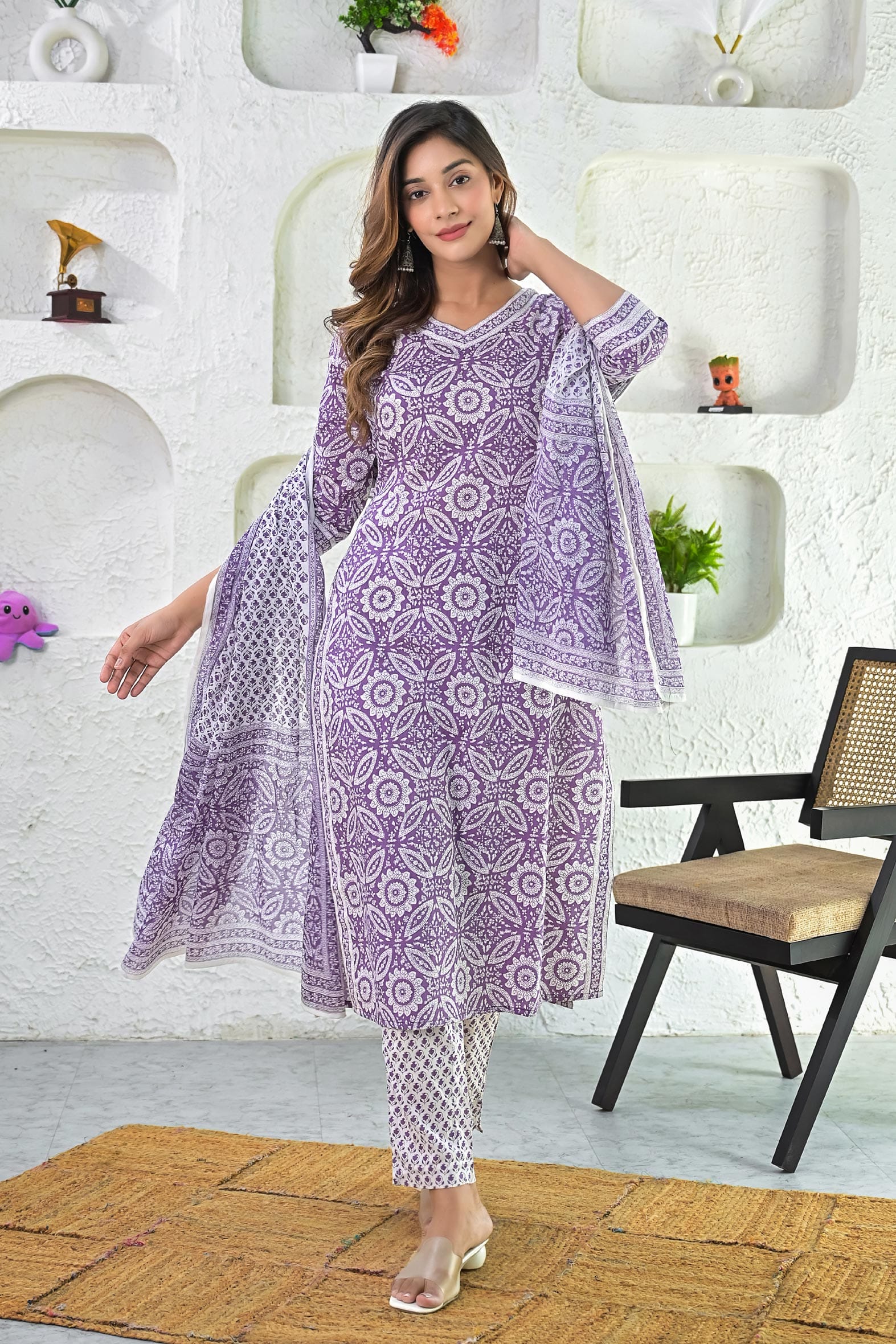 Beautiful Purple Hand Block Cotton Kurta Pant & Dupatta Set