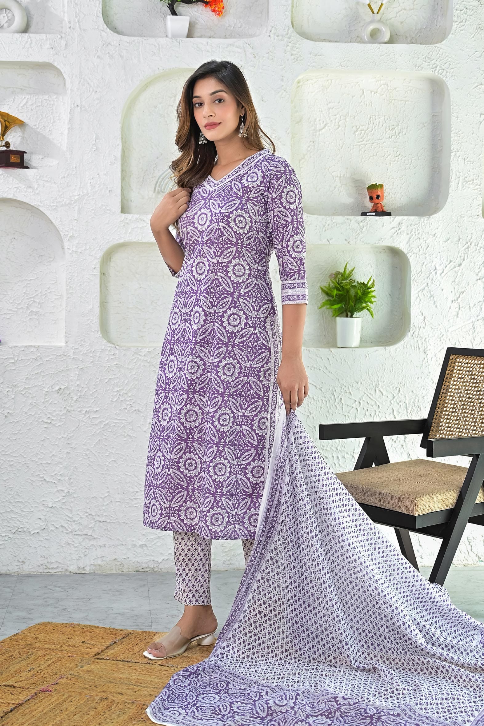 Beautiful Purple Hand Block Cotton Kurta Pant & Dupatta Set