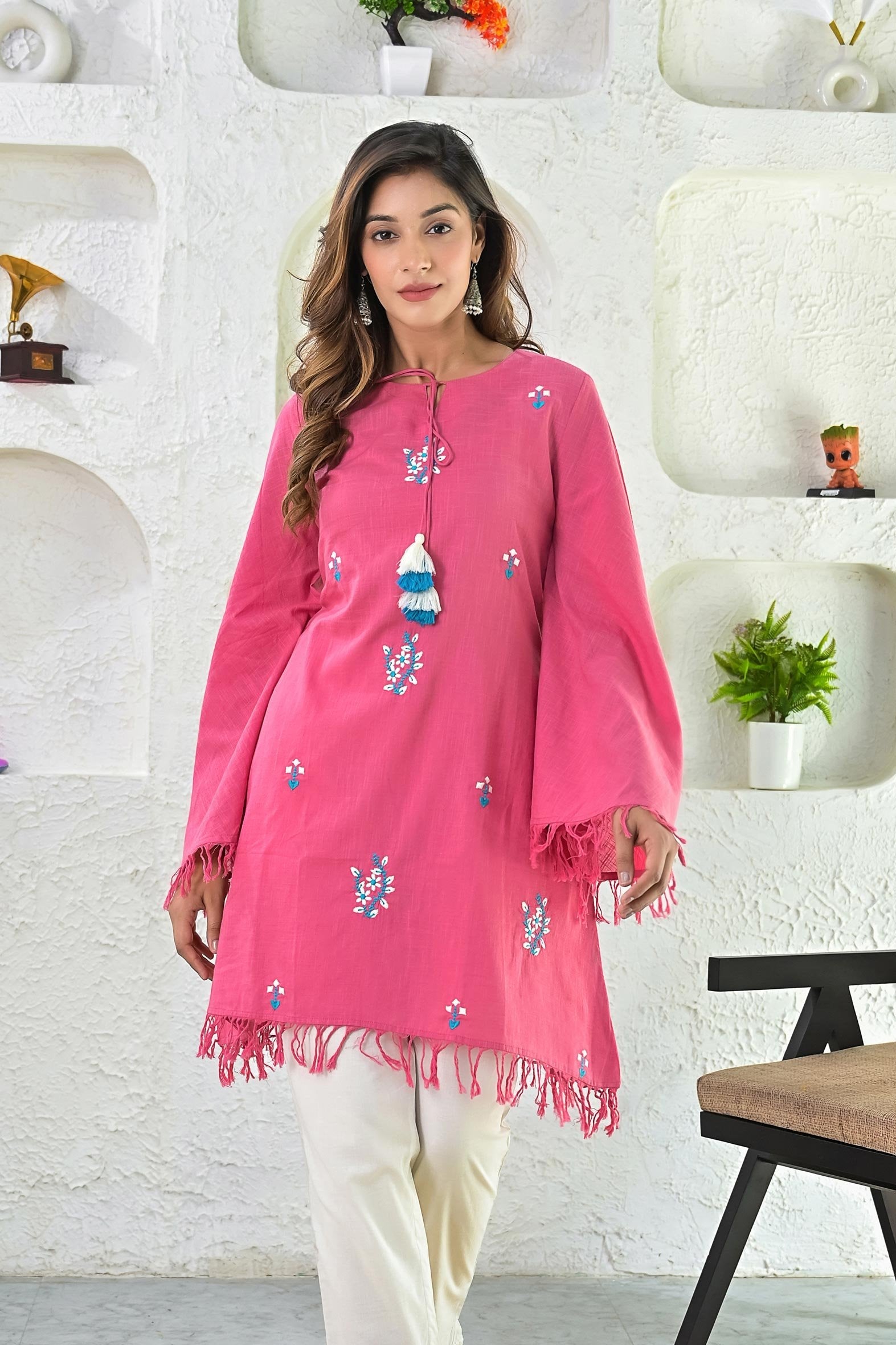 Timeless Pink Cotton Embroidered Umbrella Style Top