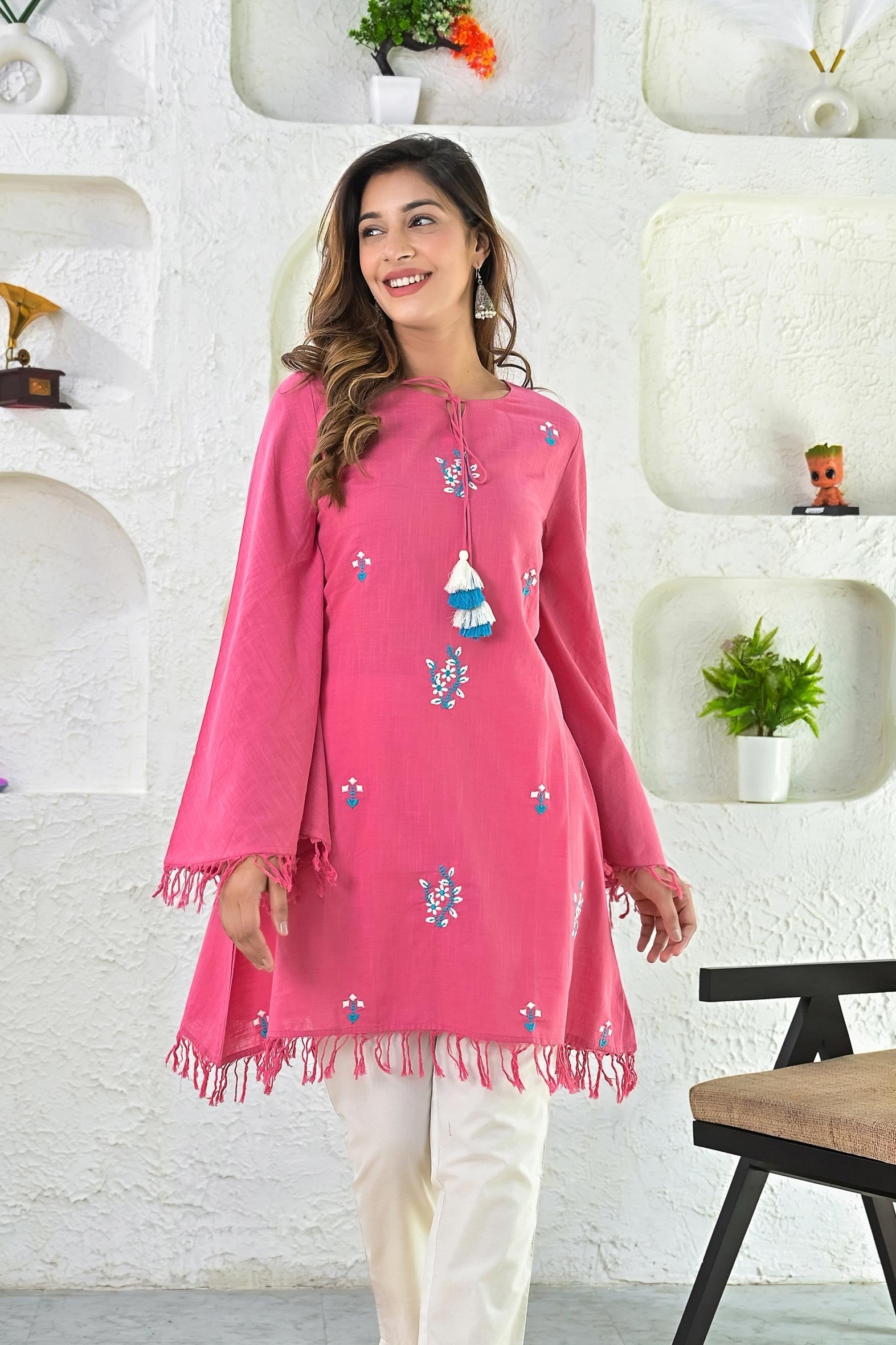 Timeless Pink Cotton Embroidered Umbrella Style Top
