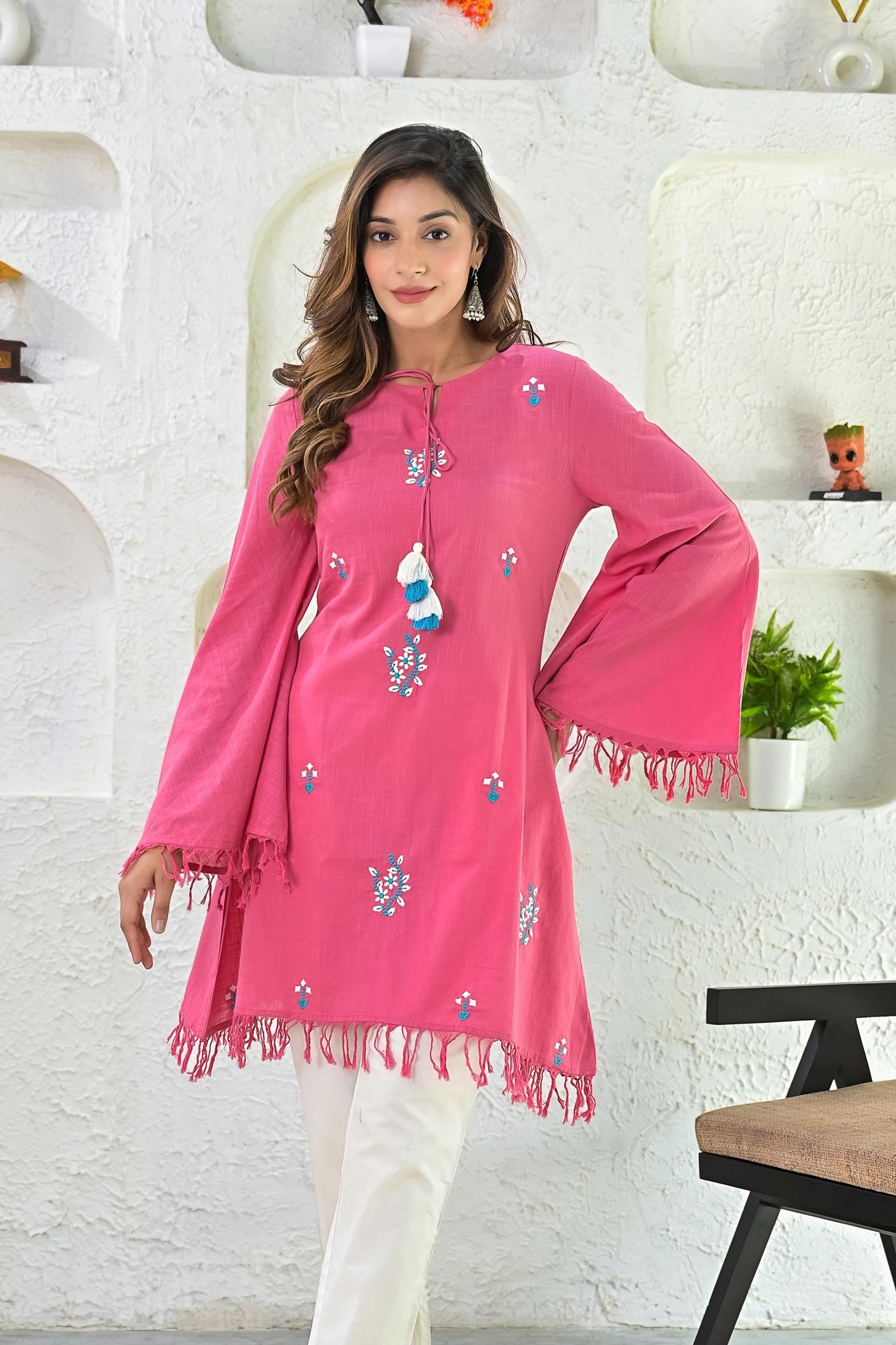 Timeless Pink Cotton Embroidered Umbrella Style Top