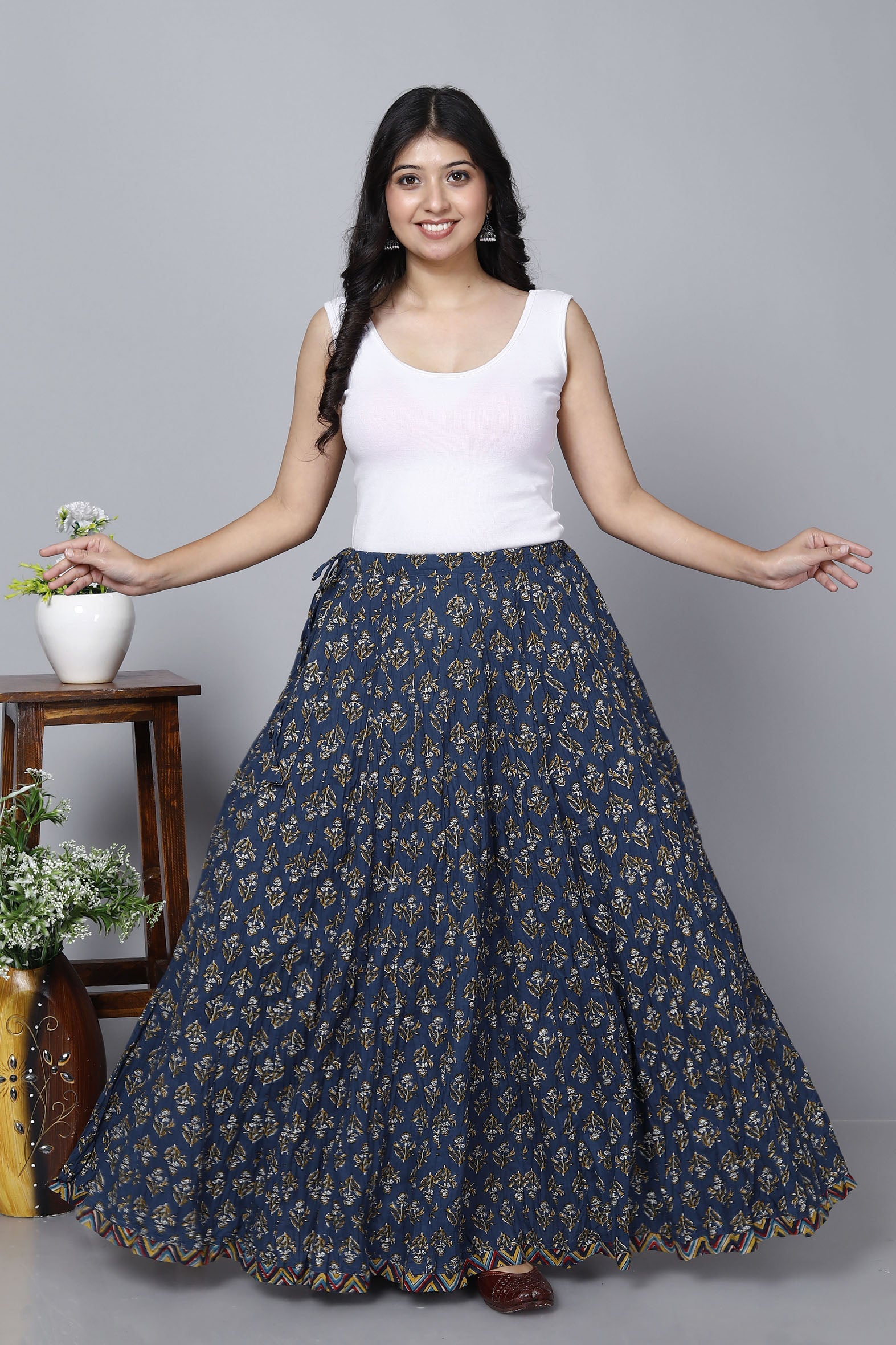 Stylish Navy Jaal Printed Long Cotton Skirt