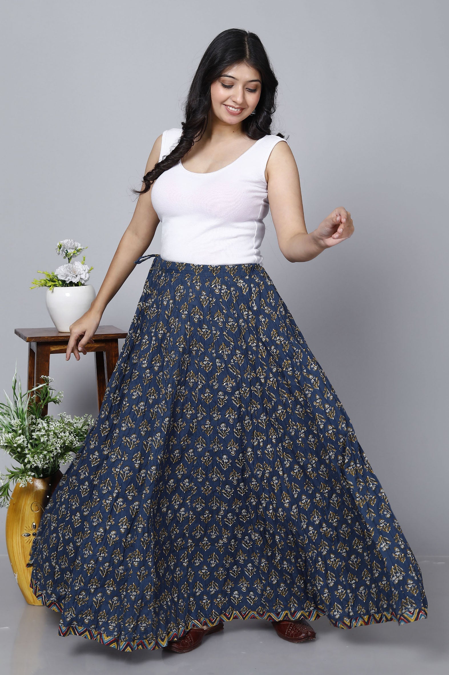 Stylish Navy Jaal Printed Long Cotton Skirt