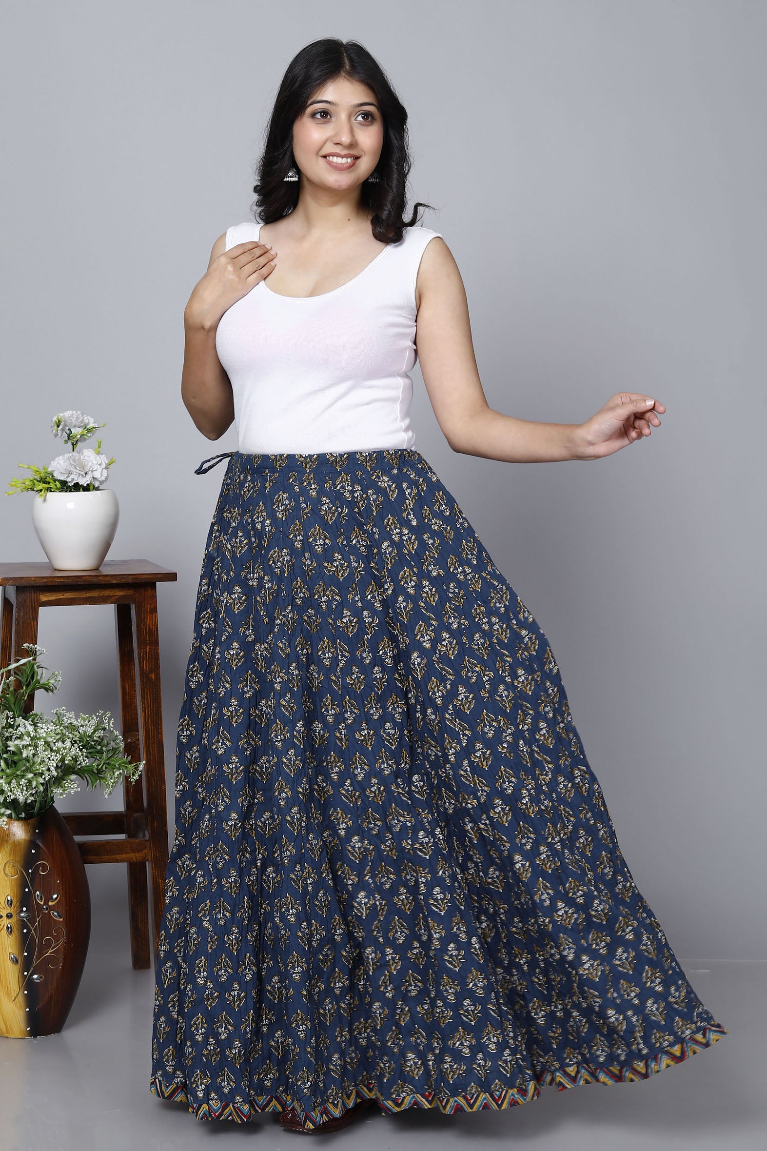 Stylish Navy Jaal Printed Long Cotton Skirt