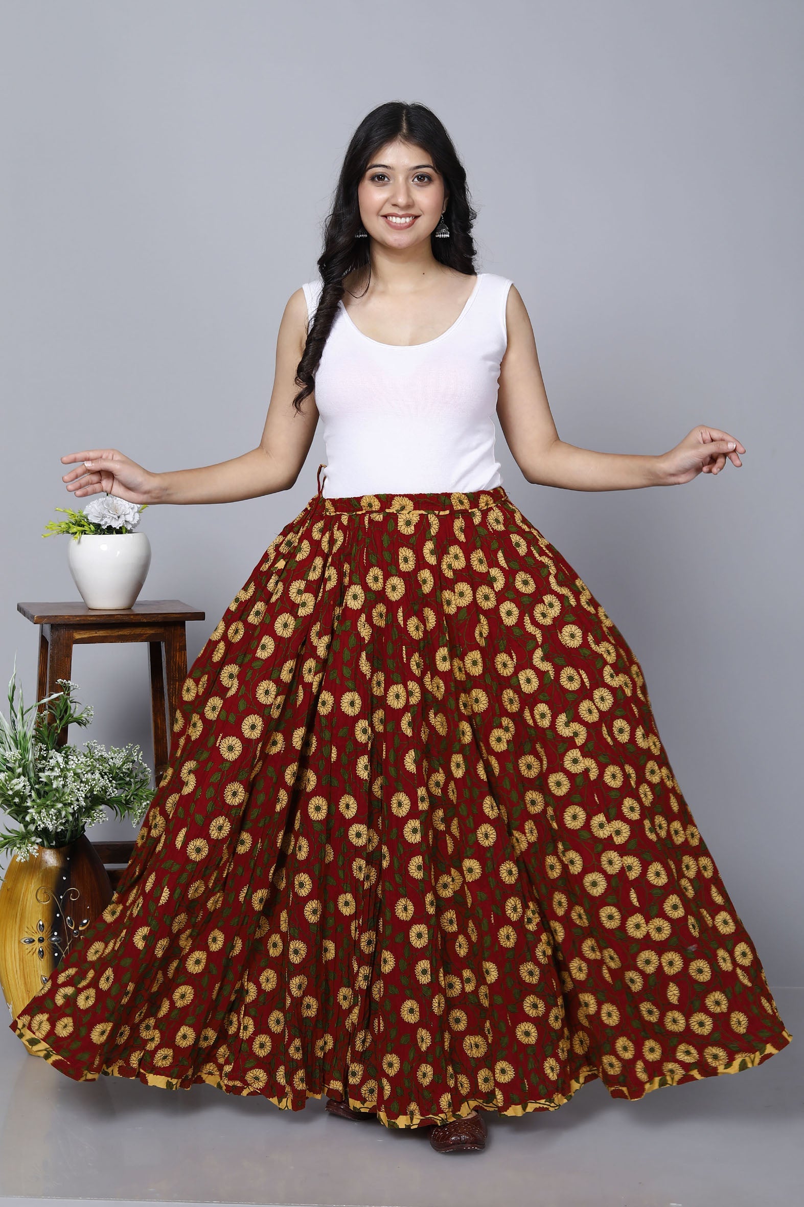Vibrant Red Jaal Printed Long Cotton Skirt