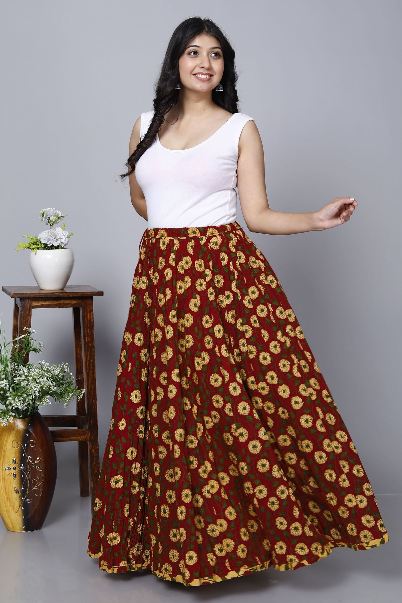 Vibrant Red Jaal Printed Long Cotton Skirt
