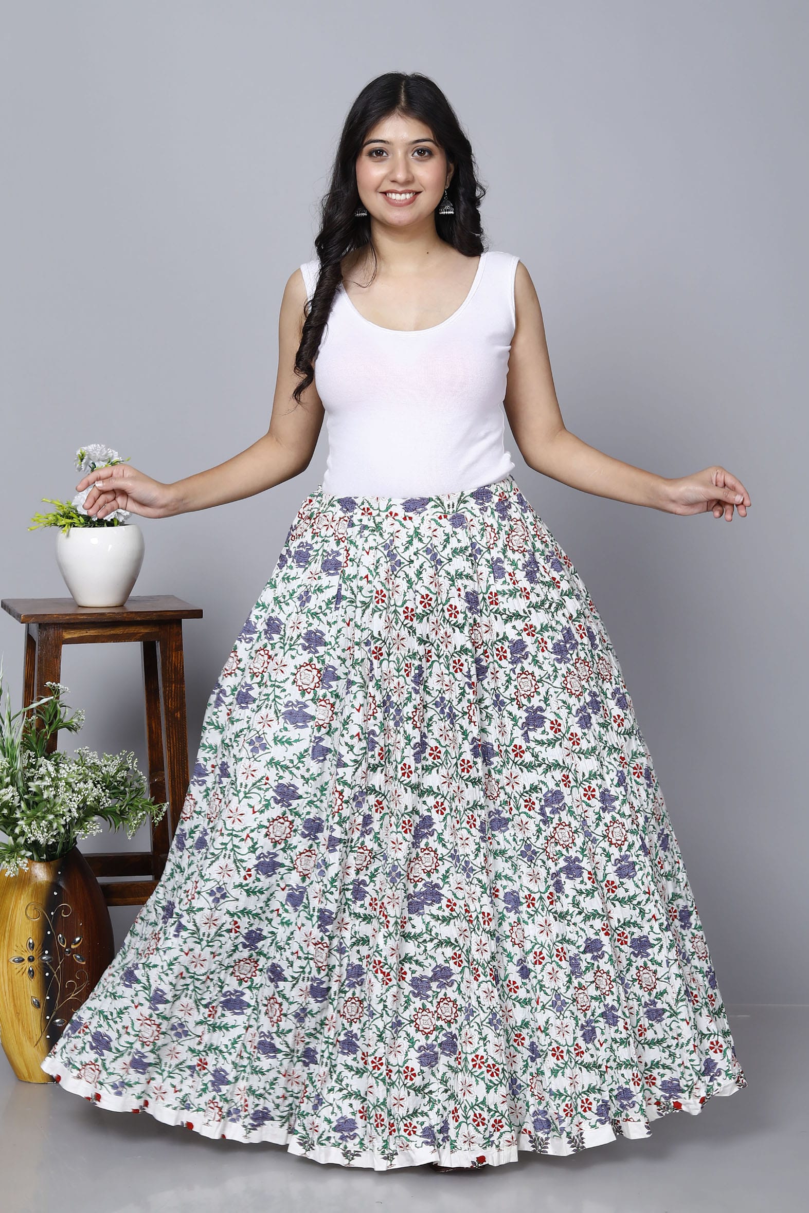 Elegant White Jaal Printed Long Cotton Skirt