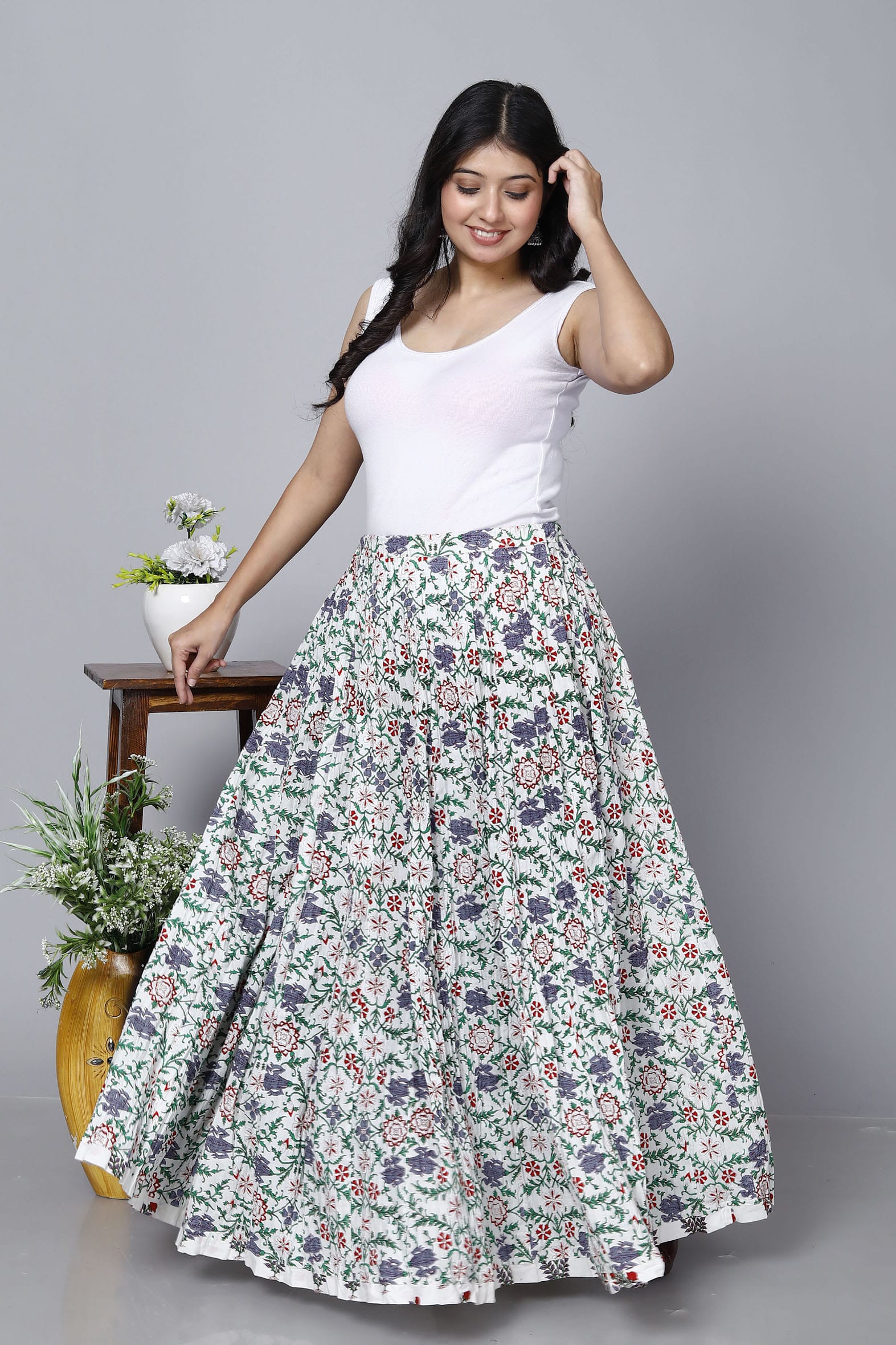 Elegant White Jaal Printed Long Cotton Skirt