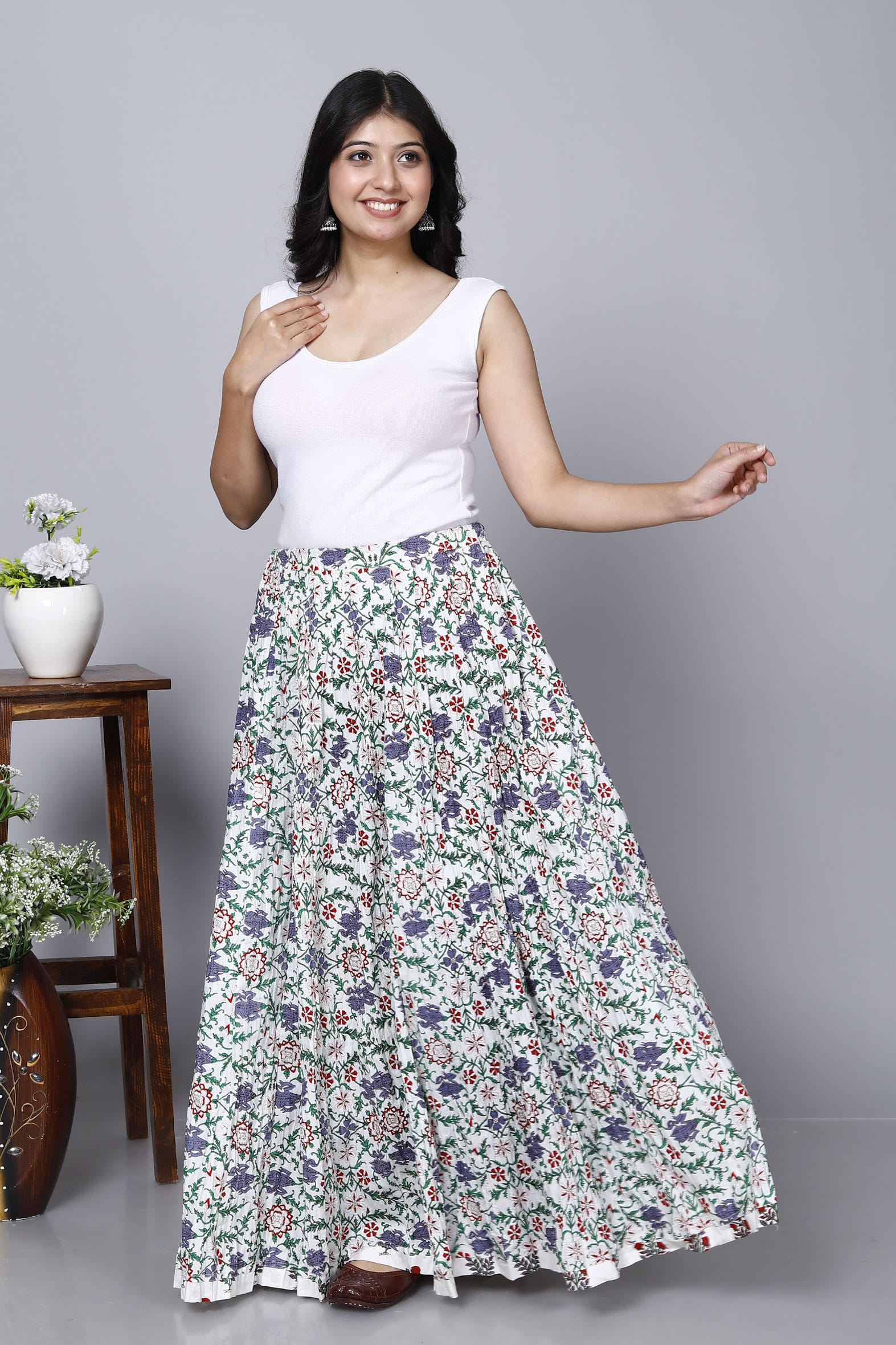 Elegant White Jaal Printed Long Cotton Skirt