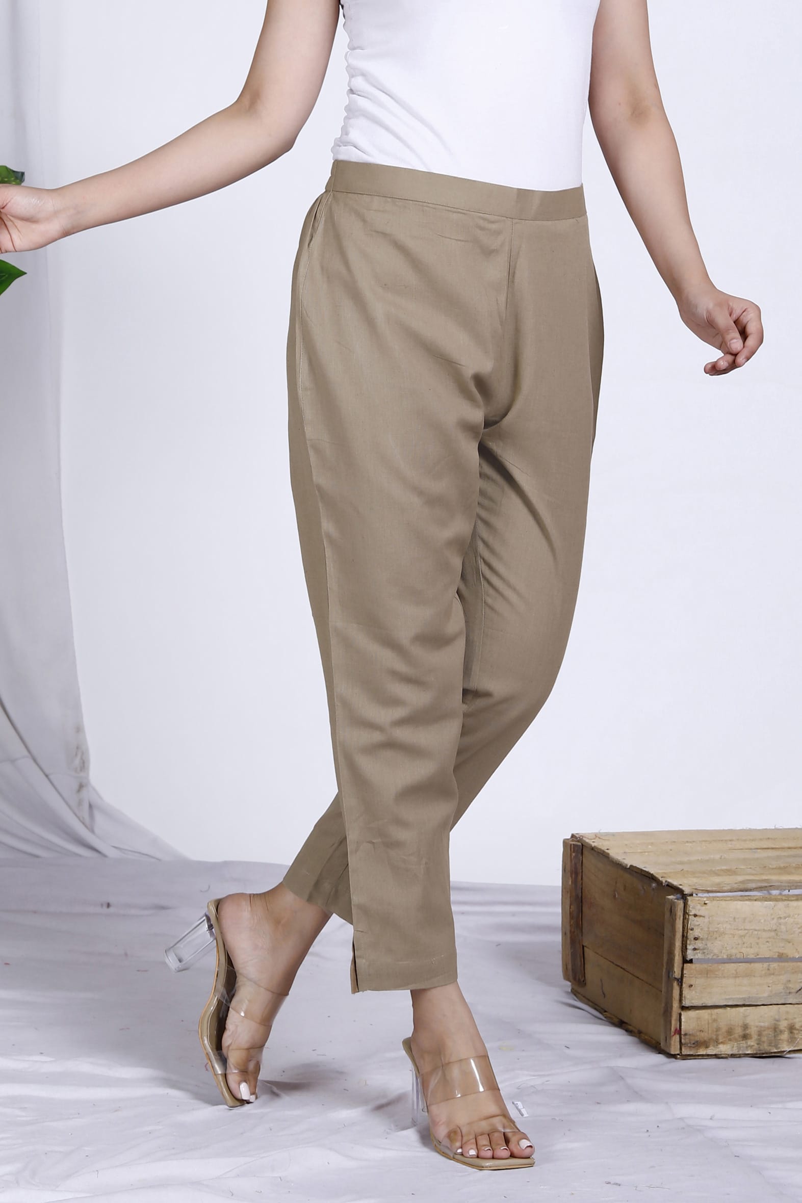 Essential Beige Plain Cotton Ankle Length Pant
