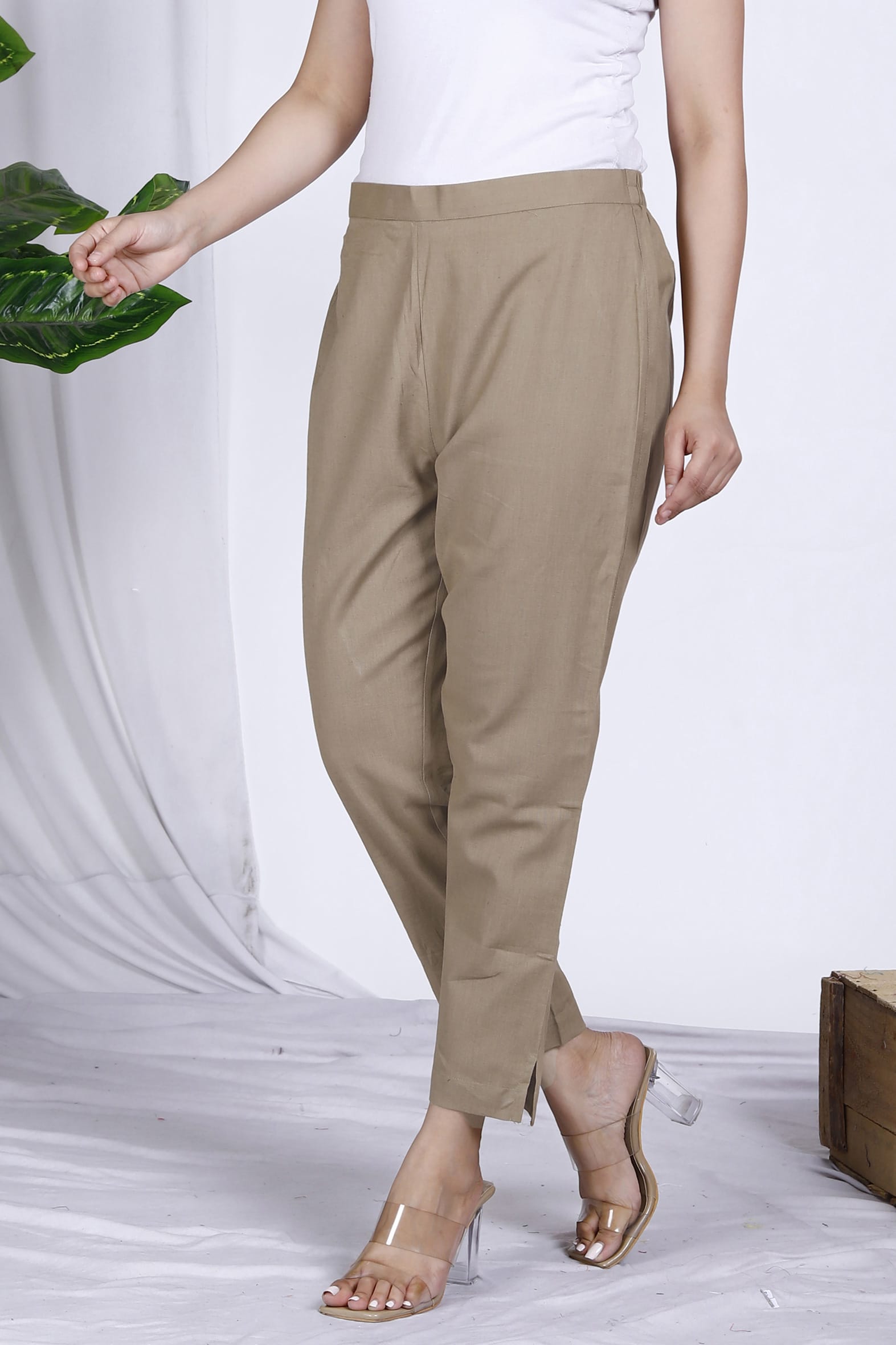 Essential Beige Plain Cotton Ankle Length Pant