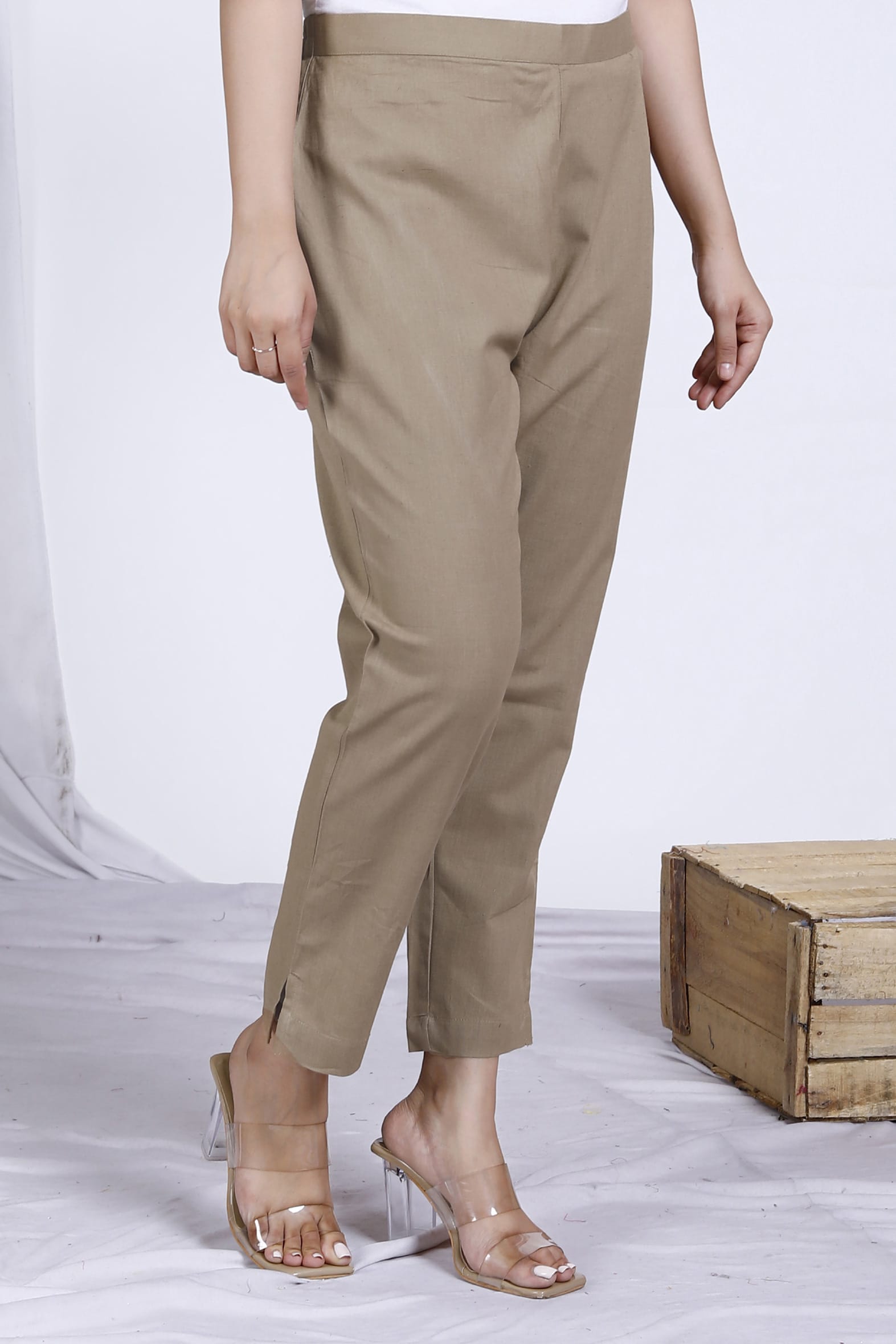Essential Beige Plain Cotton Ankle Length Pant