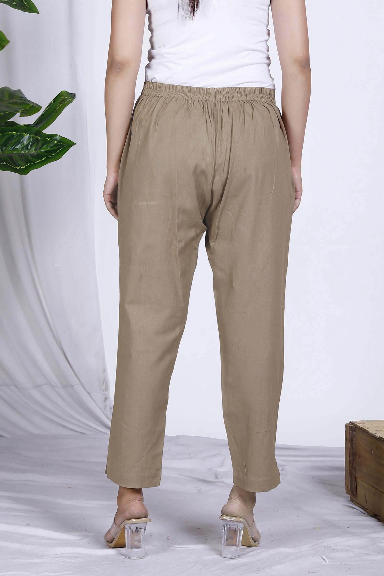 Essential Beige Plain Cotton Ankle Length Pant