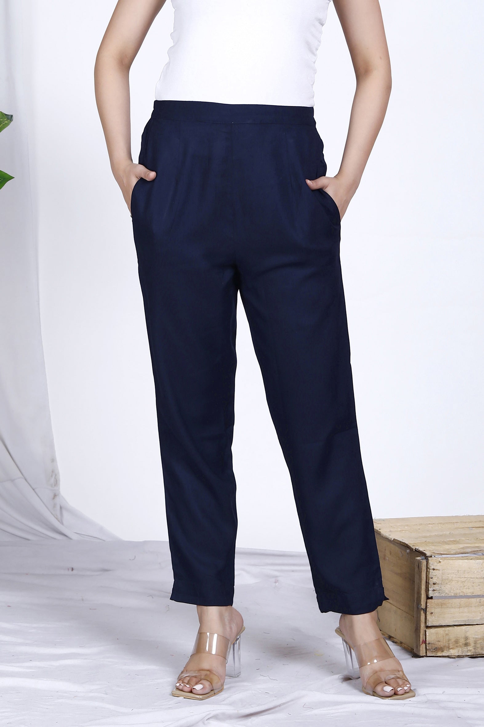 Classic Navy Plain Rayon Ankle Length Pant