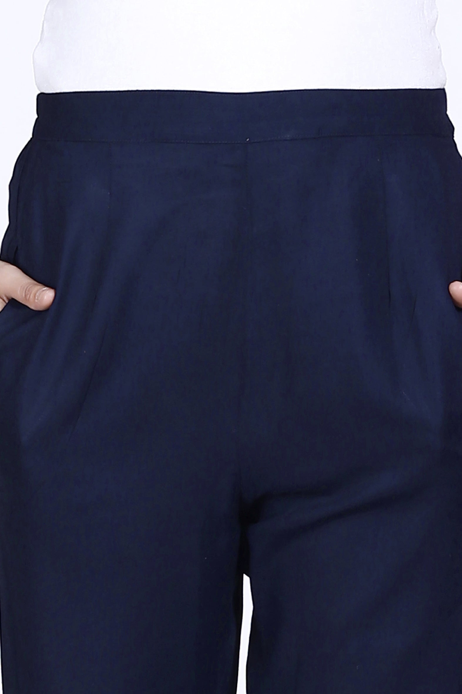 Classic Navy Plain Rayon Ankle Length Pant