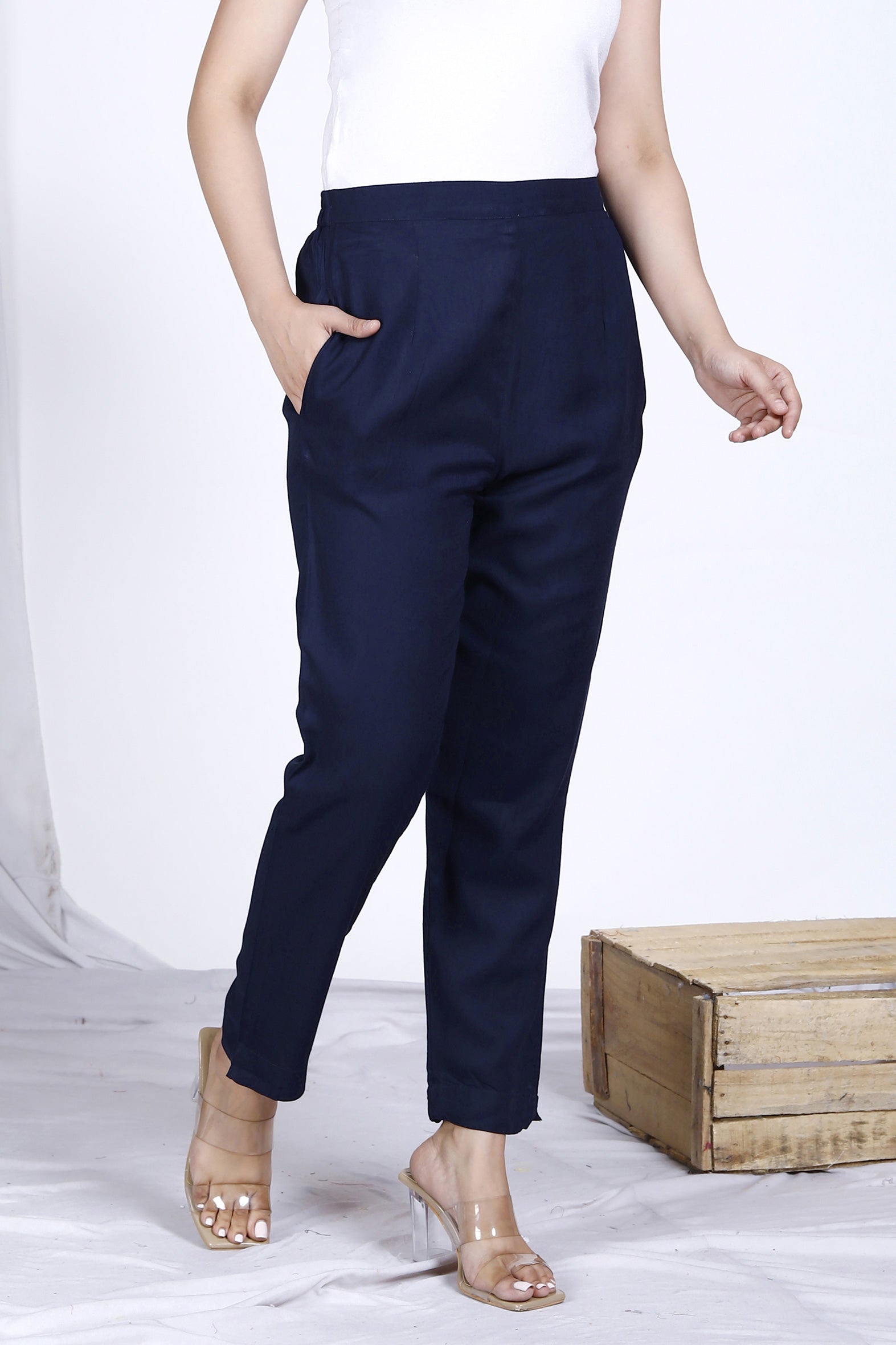 Classic Navy Plain Rayon Ankle Length Pant