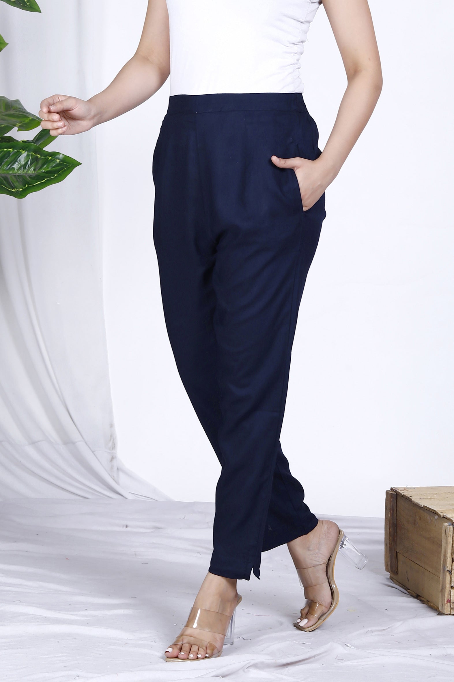 Classic Navy Plain Rayon Ankle Length Pant