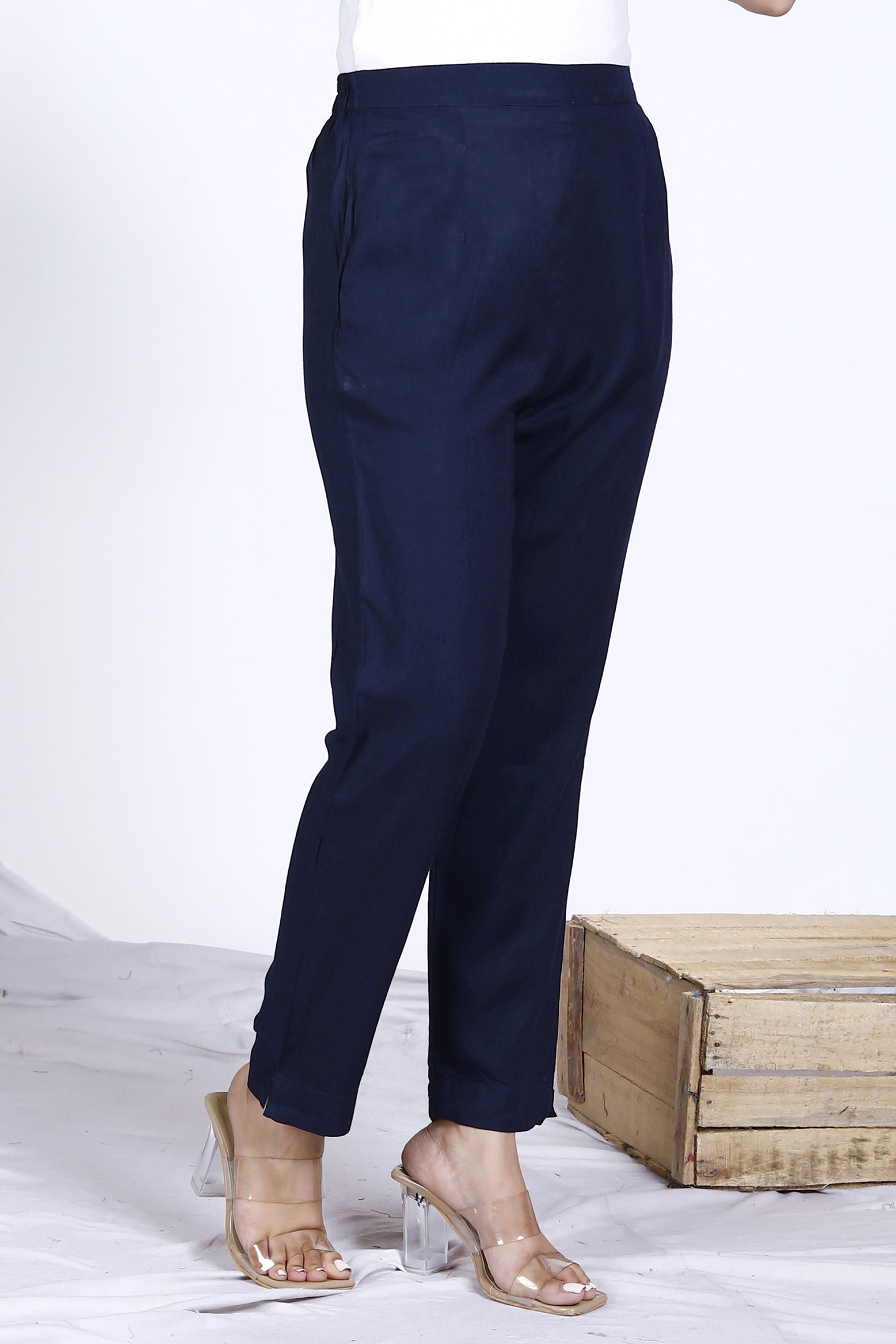 Classic Navy Plain Rayon Ankle Length Pant