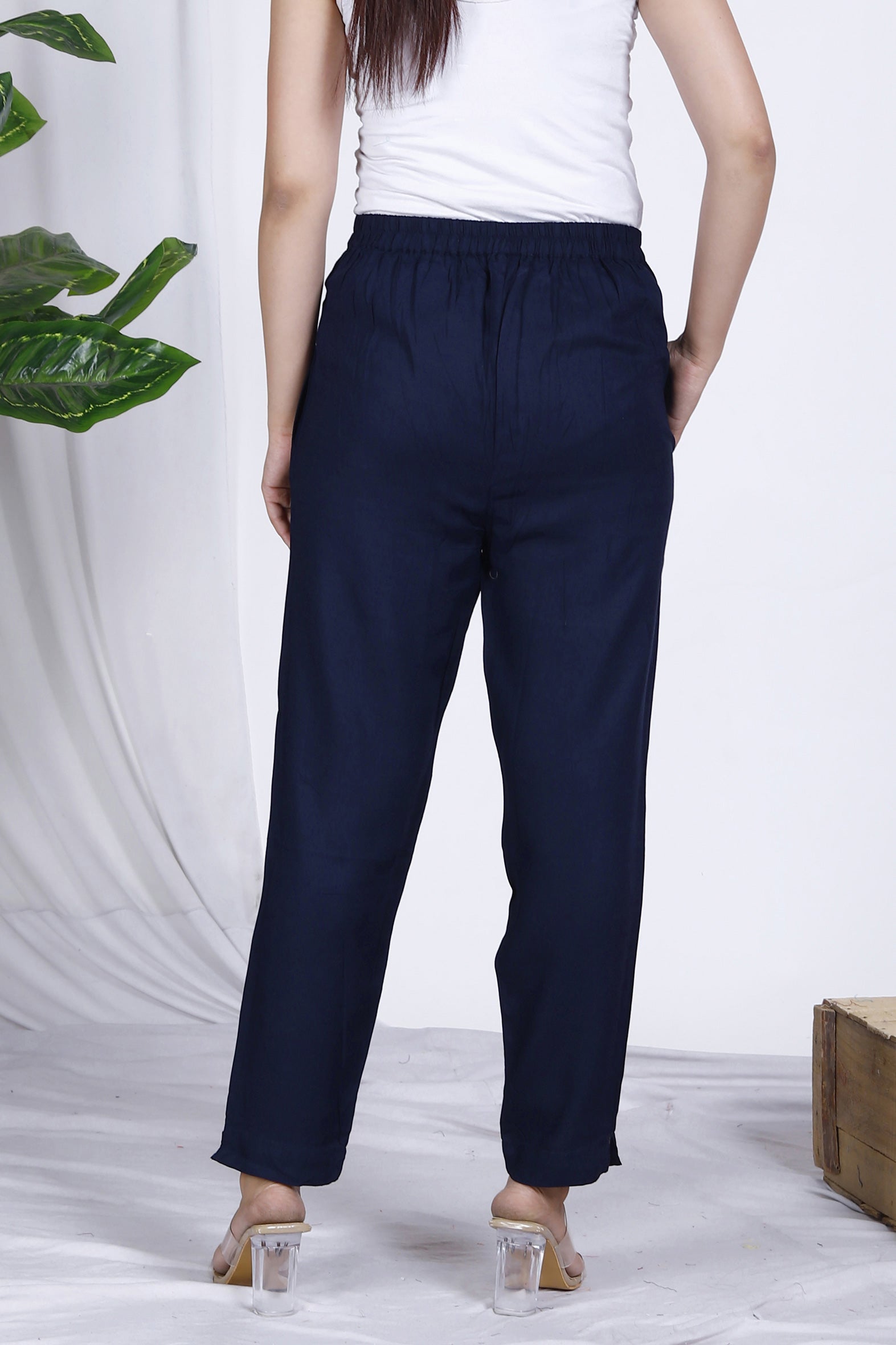 Classic Navy Plain Rayon Ankle Length Pant