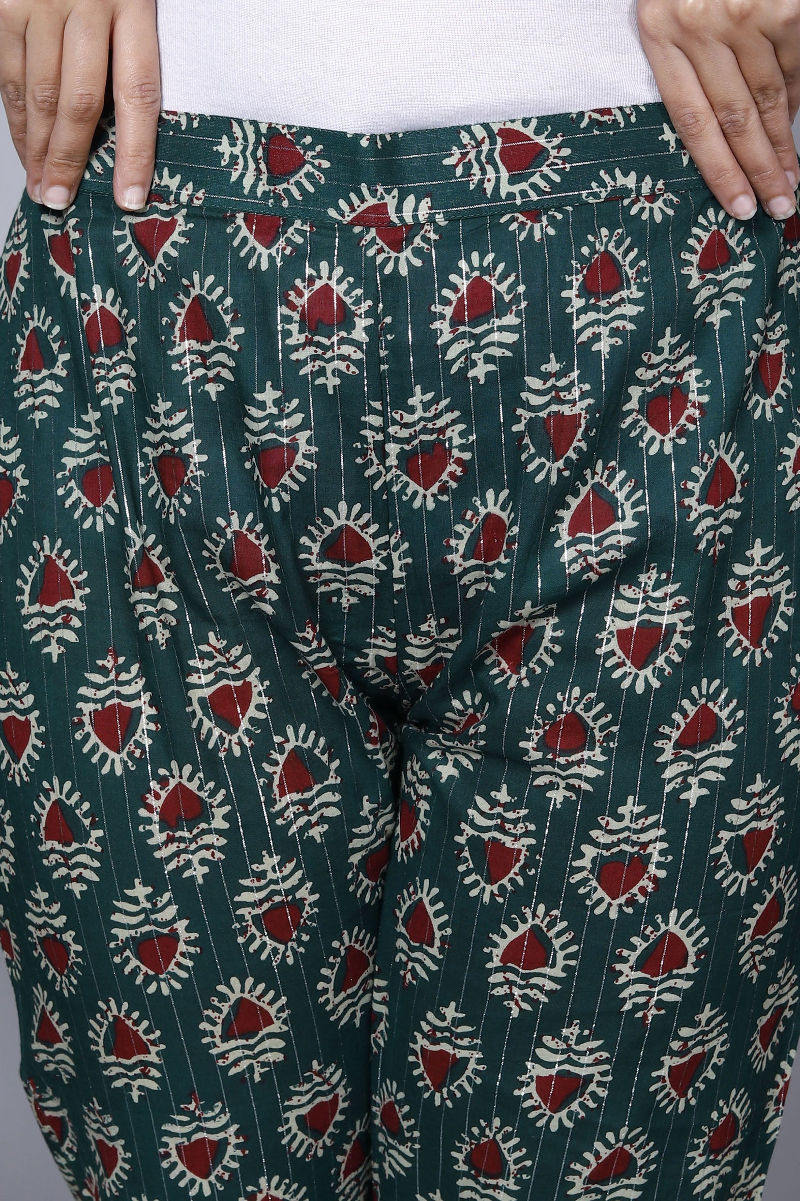 Chic Sea Green Cotton Printed Ankle Length Pant