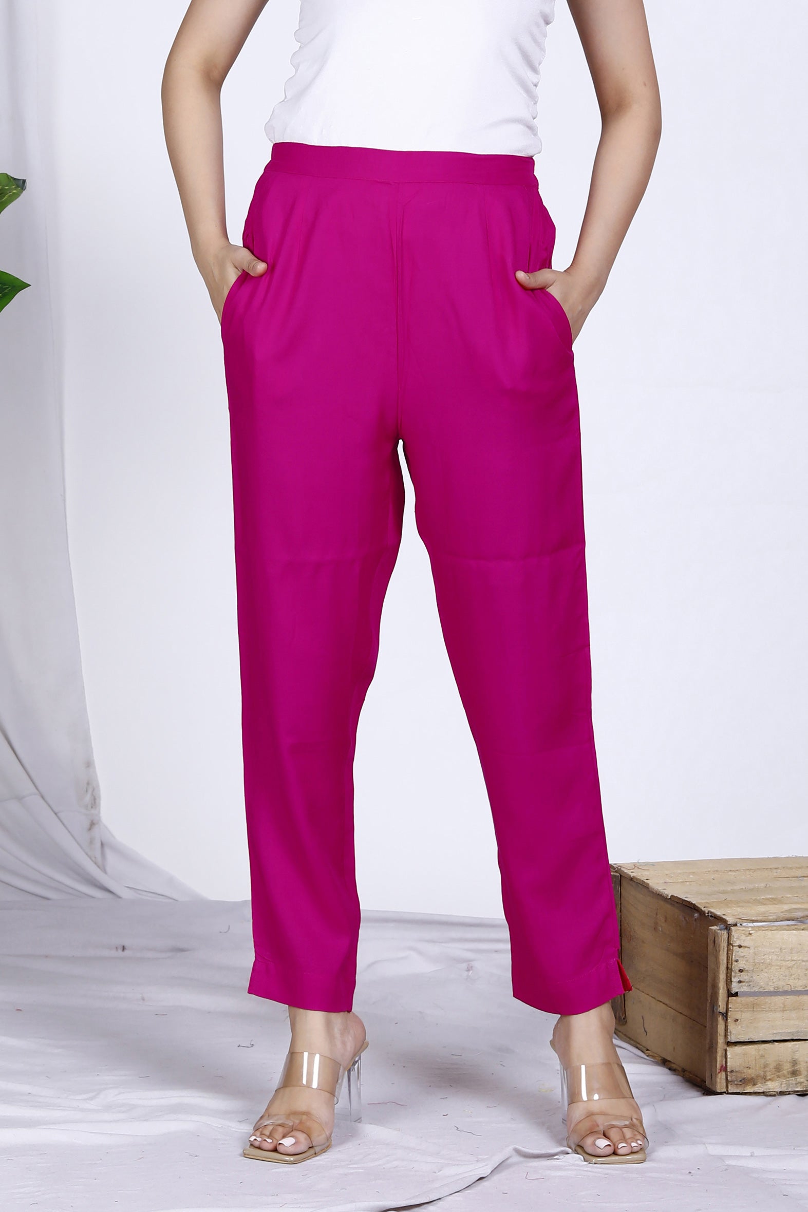 Pretty Pink Plain Rayon Ankle Length Pant