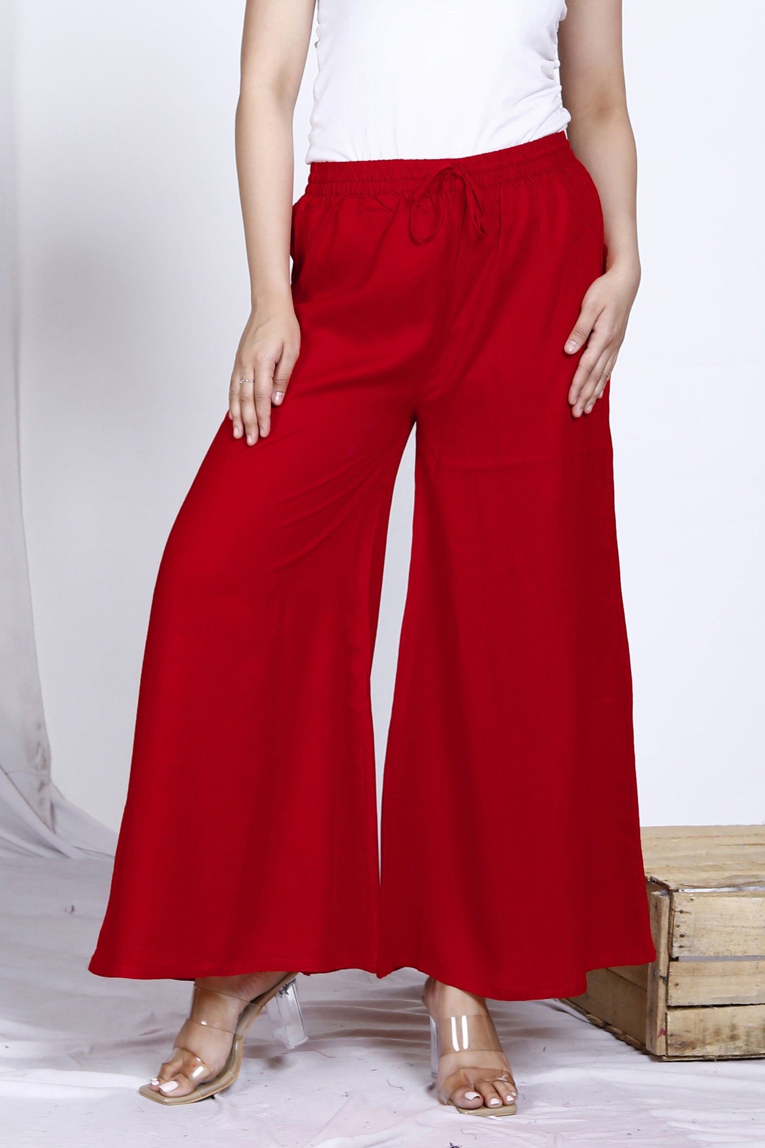 Versatile Red Plain Rayon Palazzo