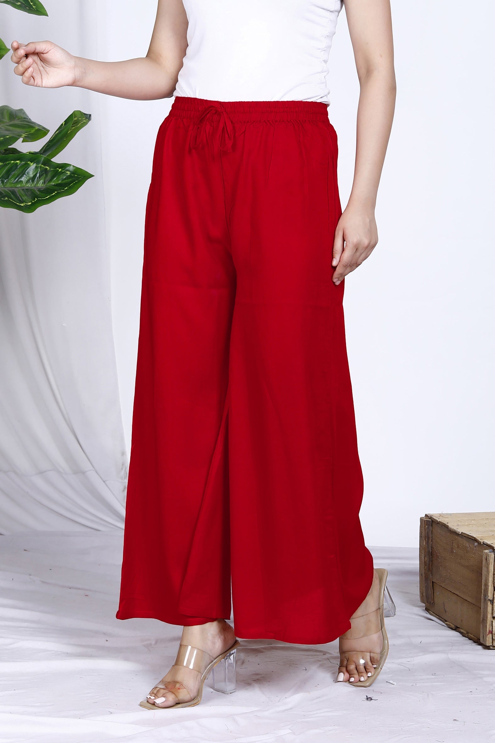 Versatile Red Plain Rayon Palazzo