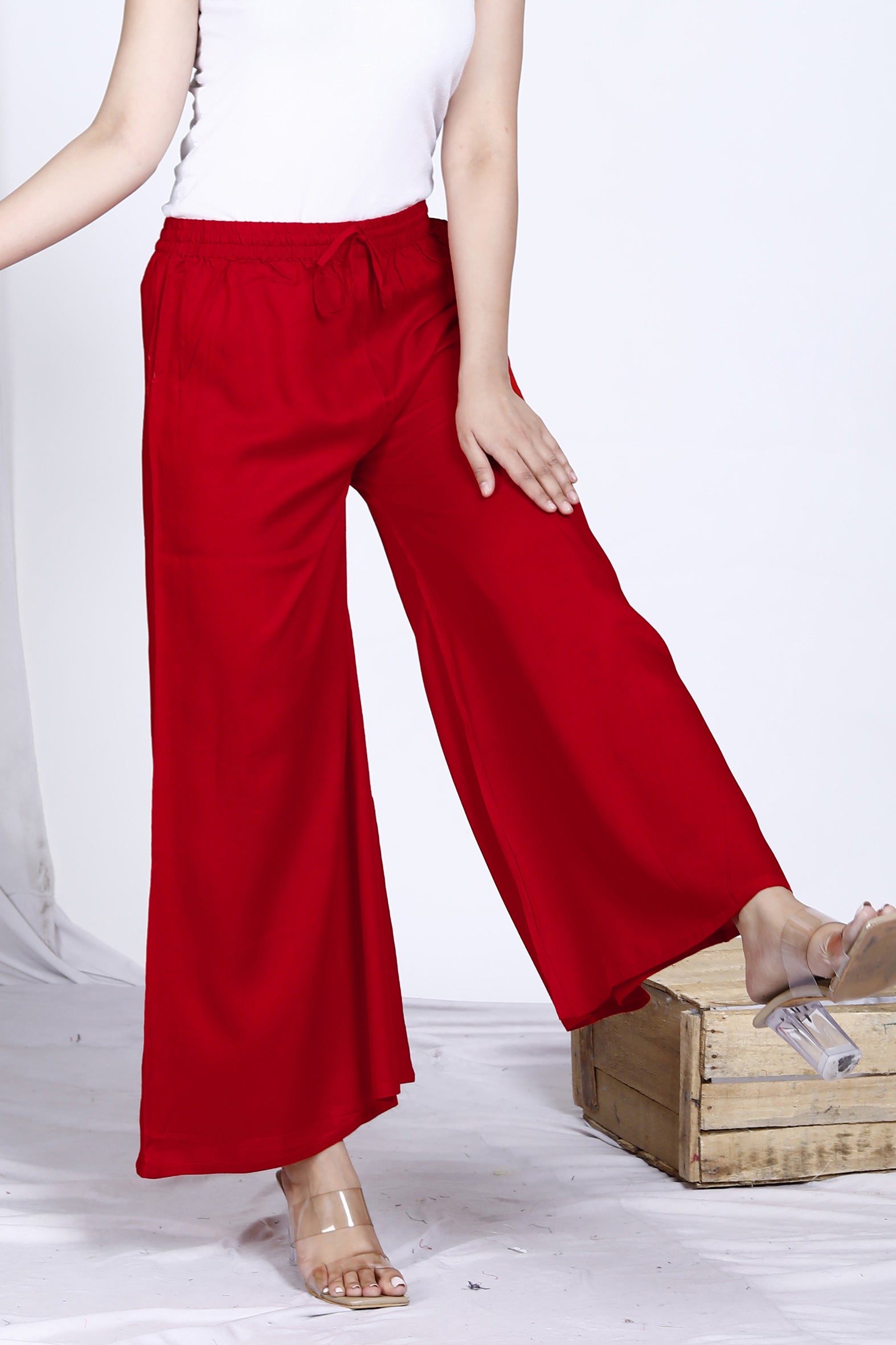 Versatile Red Plain Rayon Palazzo