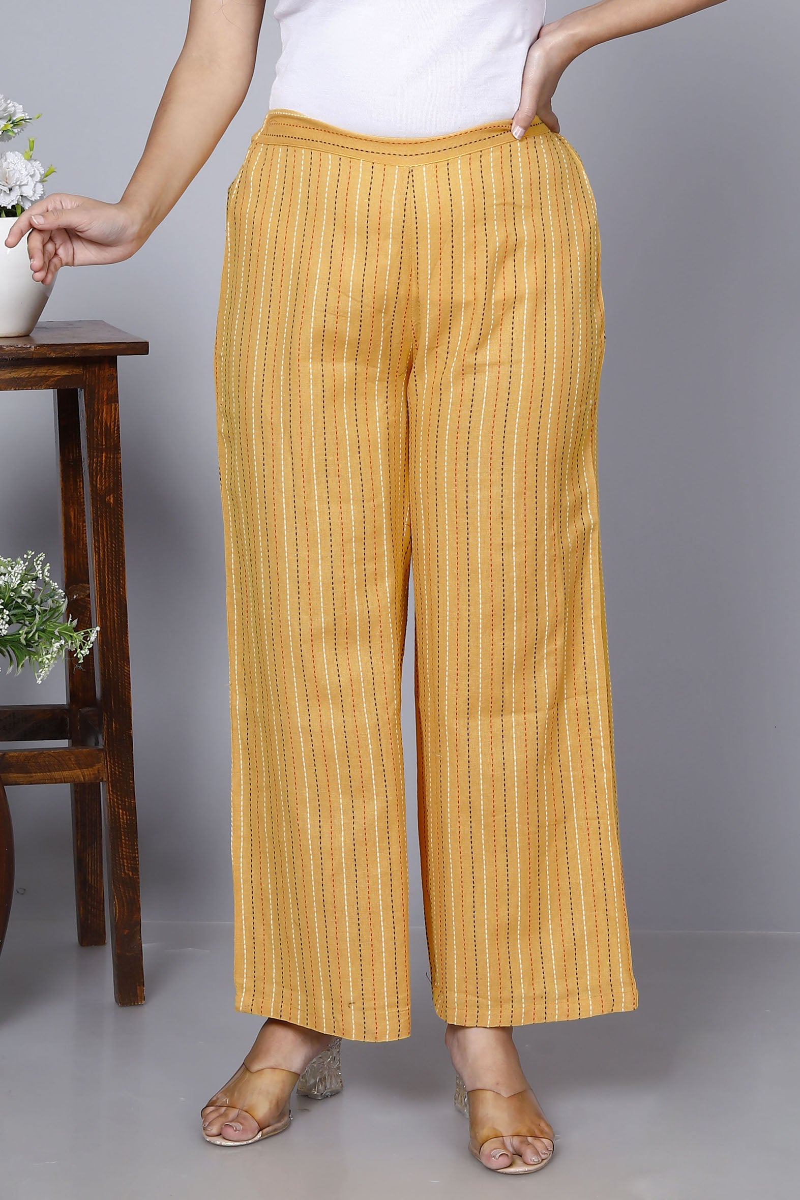 Bright Yellow Striped Printed Cotton Palazzo