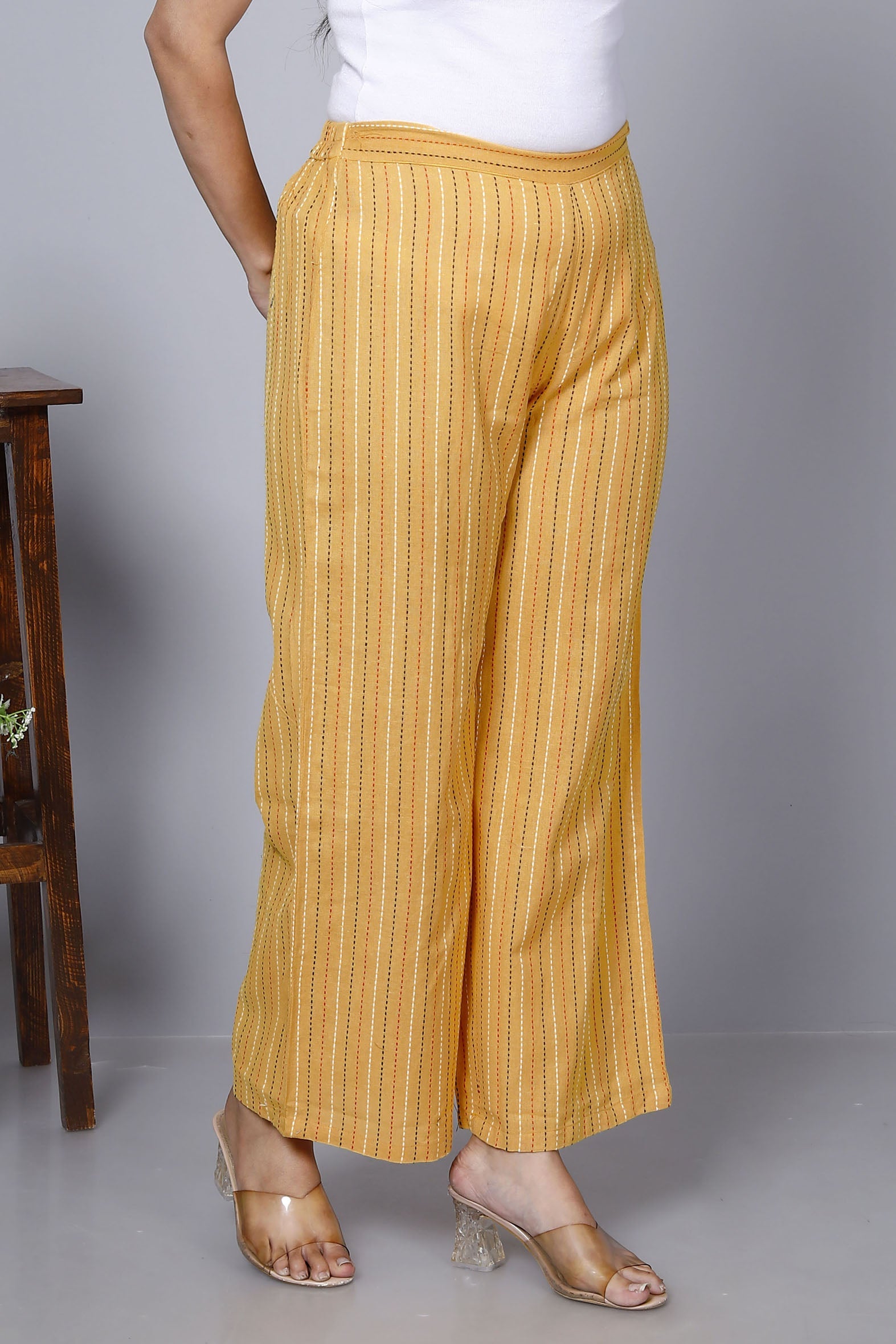 Bright Yellow Striped Printed Cotton Palazzo