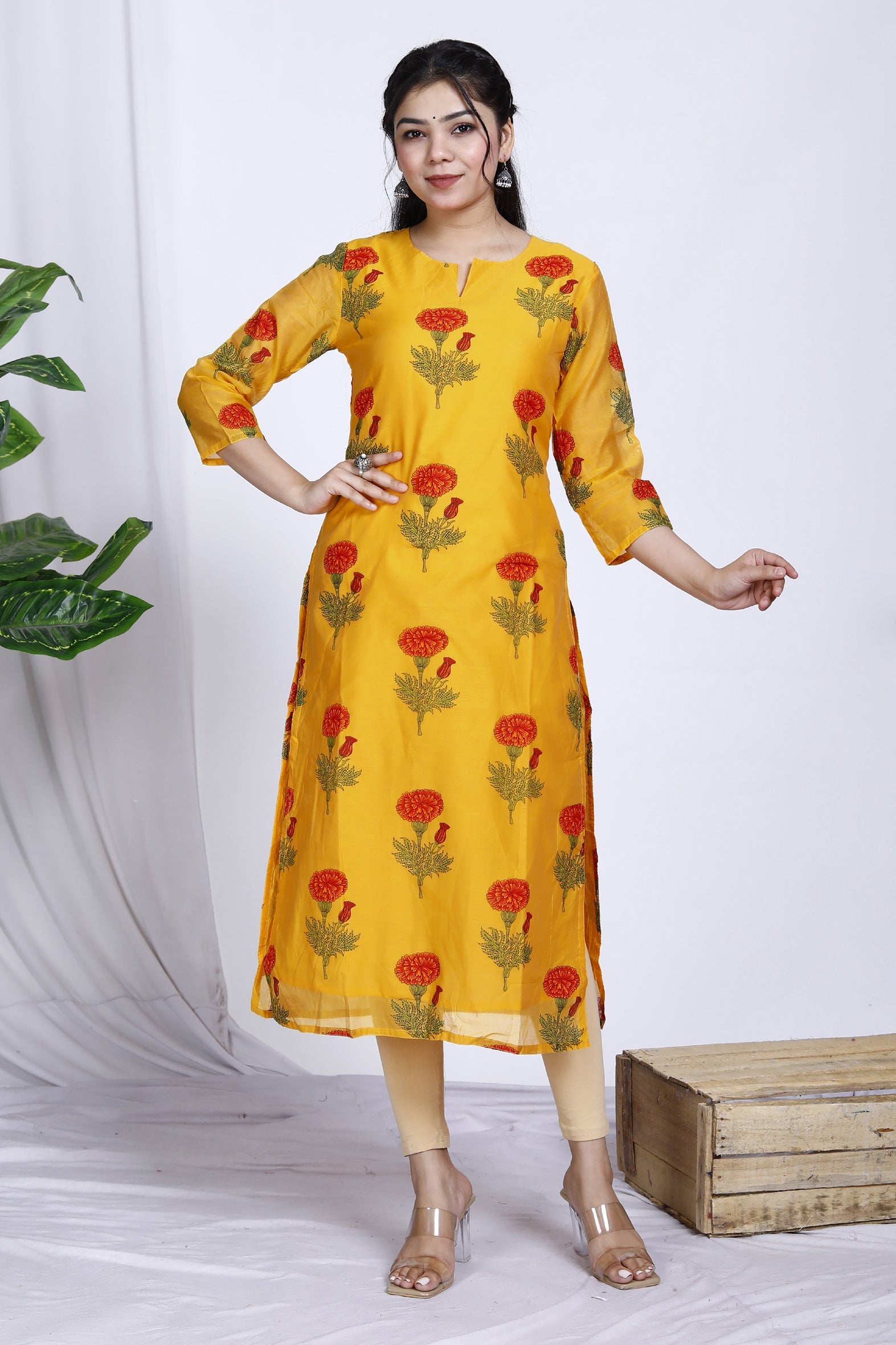 Timeless Mustard Butta Printed Chanderi Kurta for Women