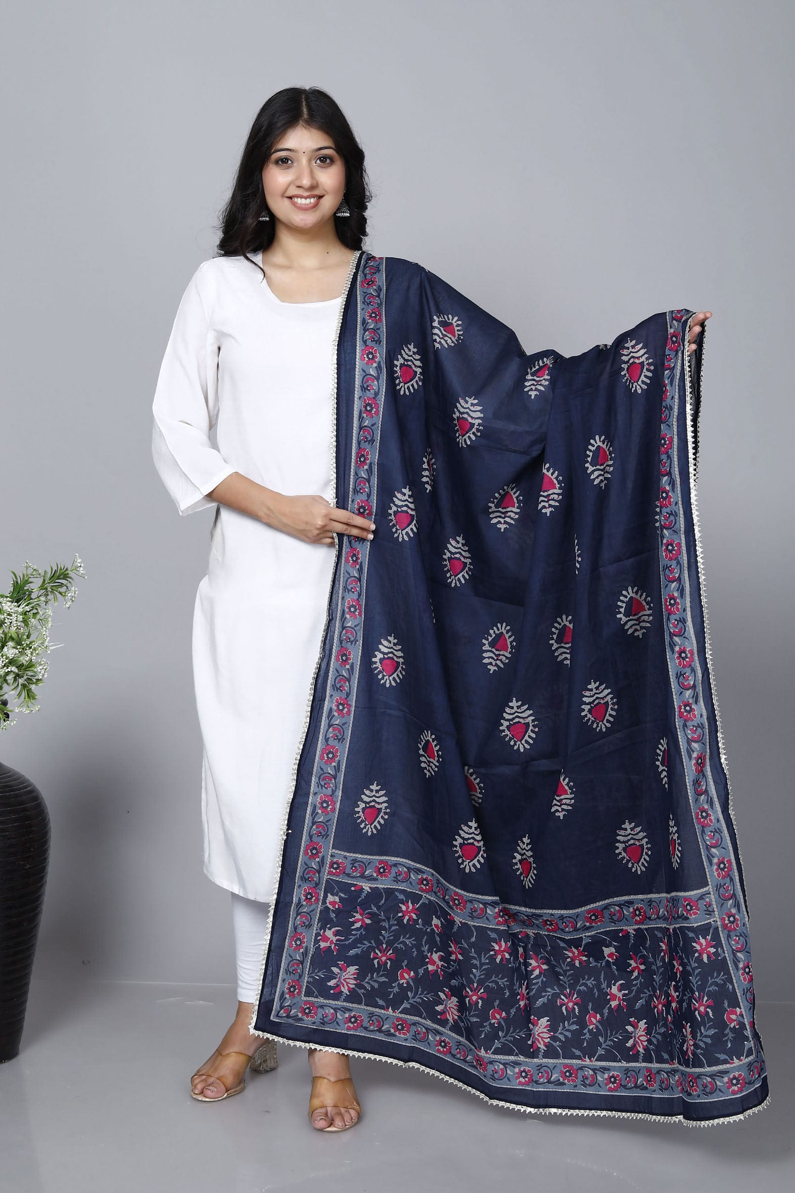 Navy Floral Hand Block Printed Mulmul Cotton Dupatta