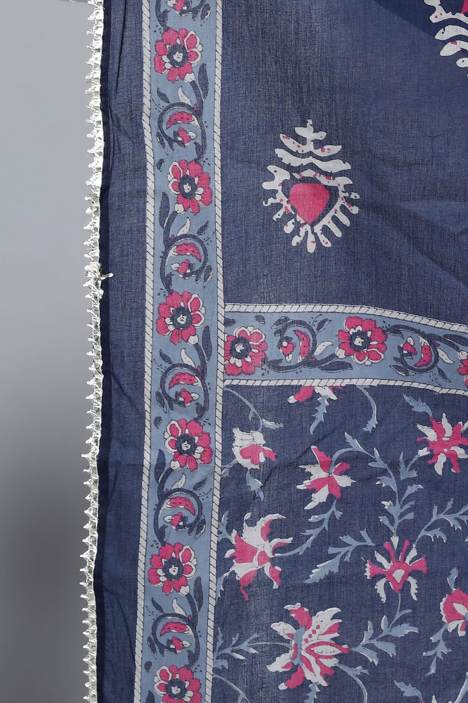 Navy Floral Hand Block Printed Mulmul Cotton Dupatta