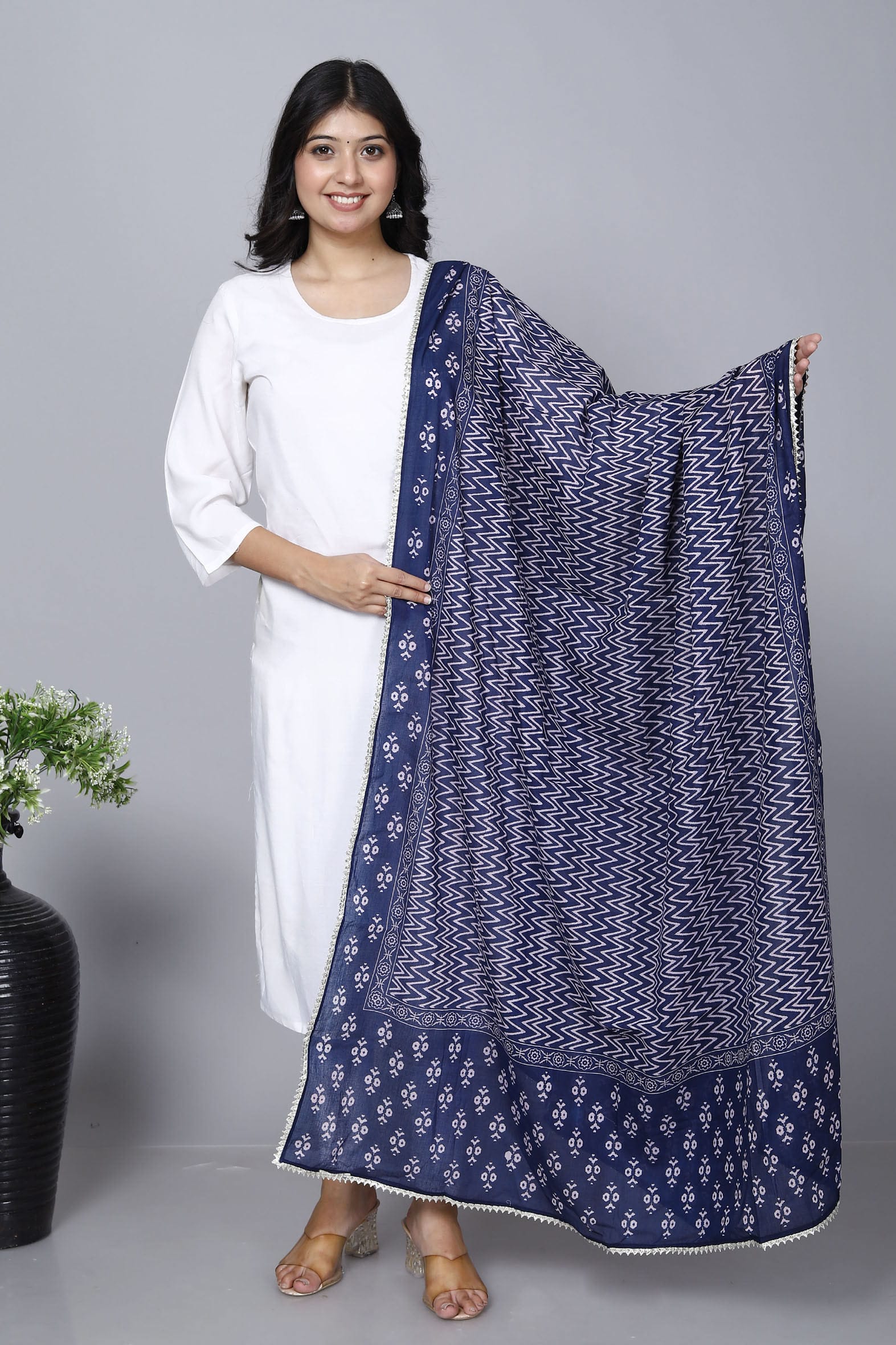 Stylish Navy Hand Block Printed Mulmul Cotton Dupatta