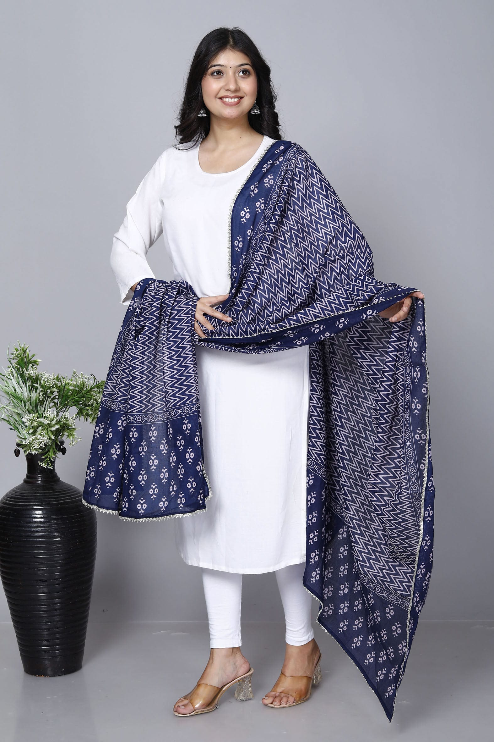 Stylish Navy Hand Block Printed Mulmul Cotton Dupatta