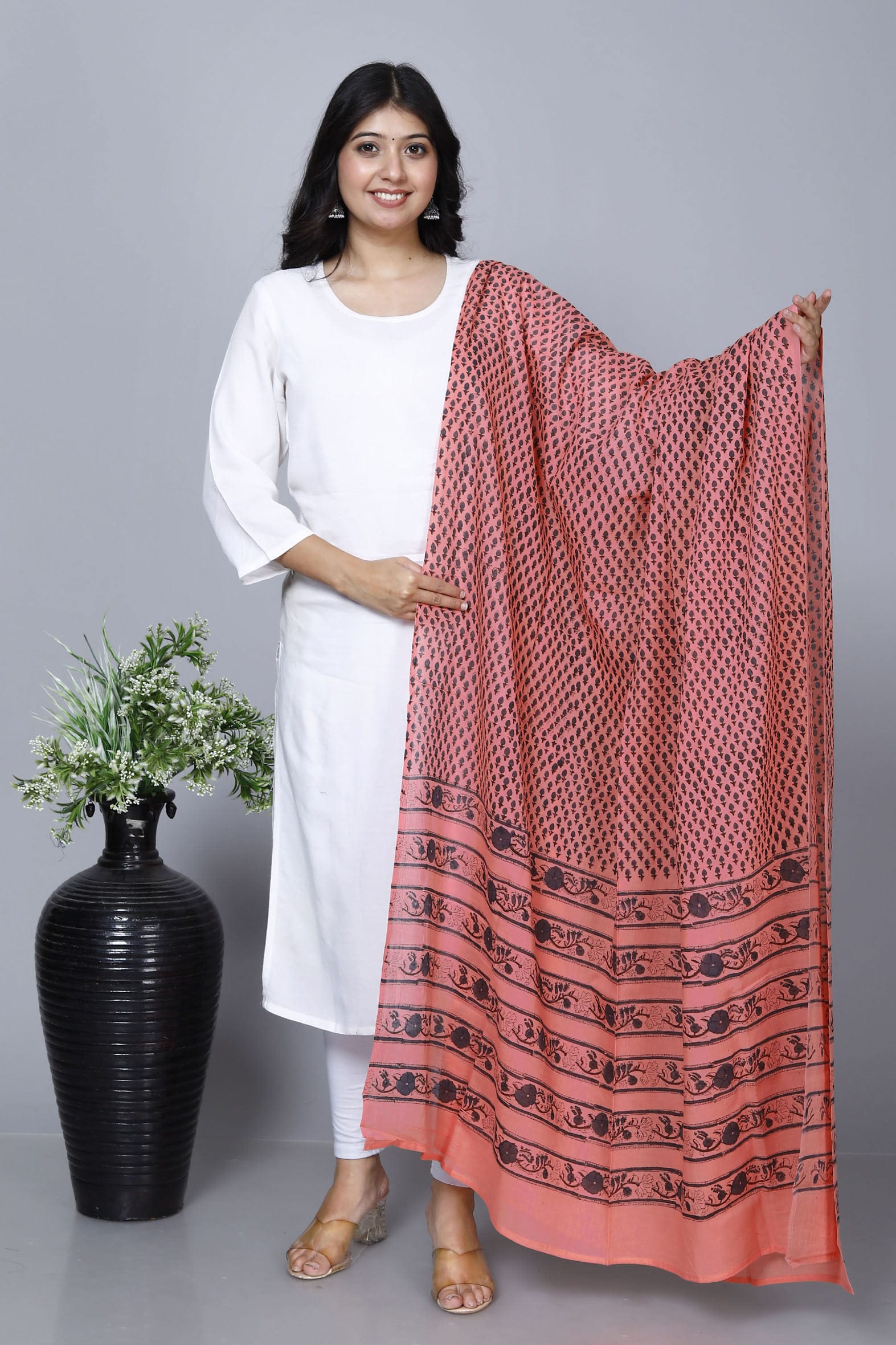 Charming Peach Hand Block Printed Mulmul Cotton Dupatta