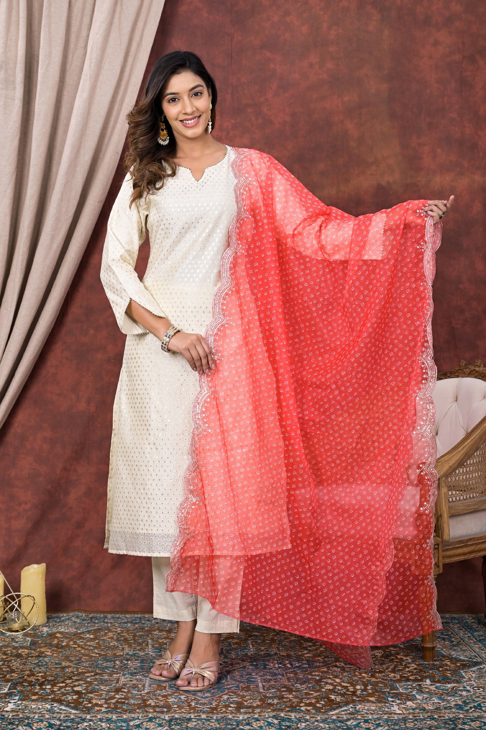 Graceful White Chanderi Kurta Pant Set with Peach Chiffon Dupatta