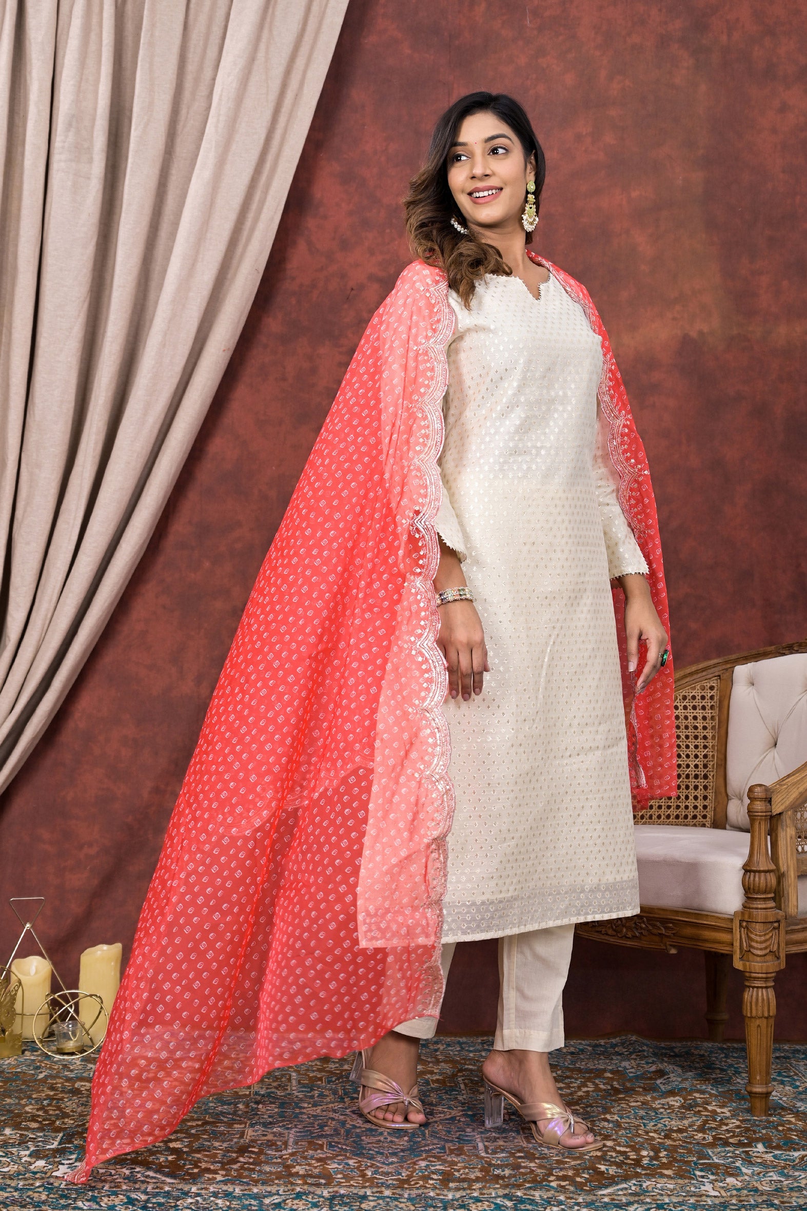 Graceful White Chanderi Kurta Pant Set with Peach Chiffon Dupatta