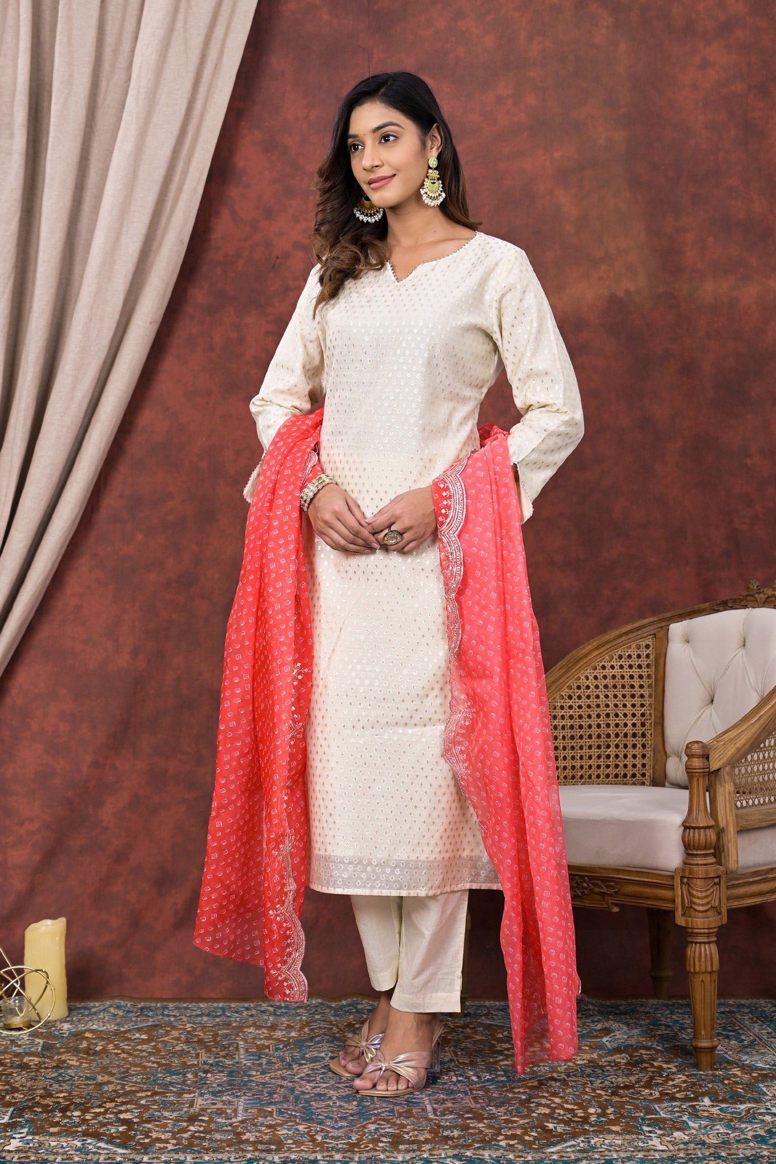 Graceful White Chanderi Kurta Pant Set with Peach Chiffon Dupatta