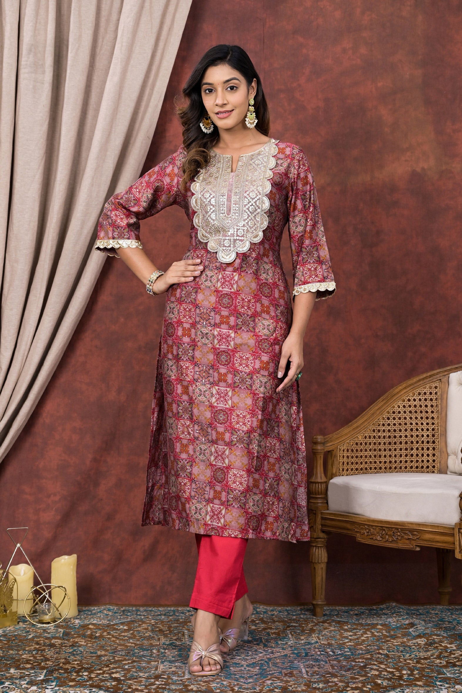 Vibrant Red Digital Print Modal Chanderi Kurta Pant Set
