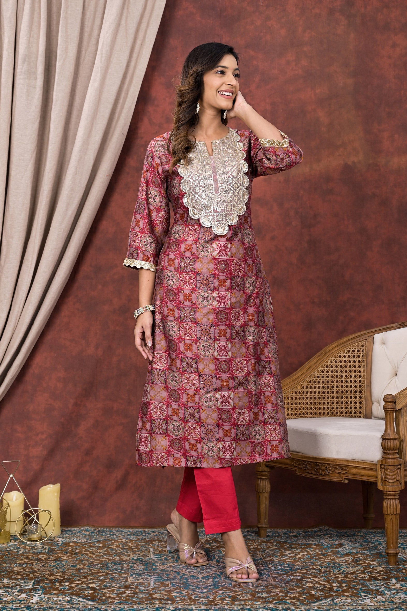 Vibrant Red Digital Print Modal Chanderi Kurta Pant Set