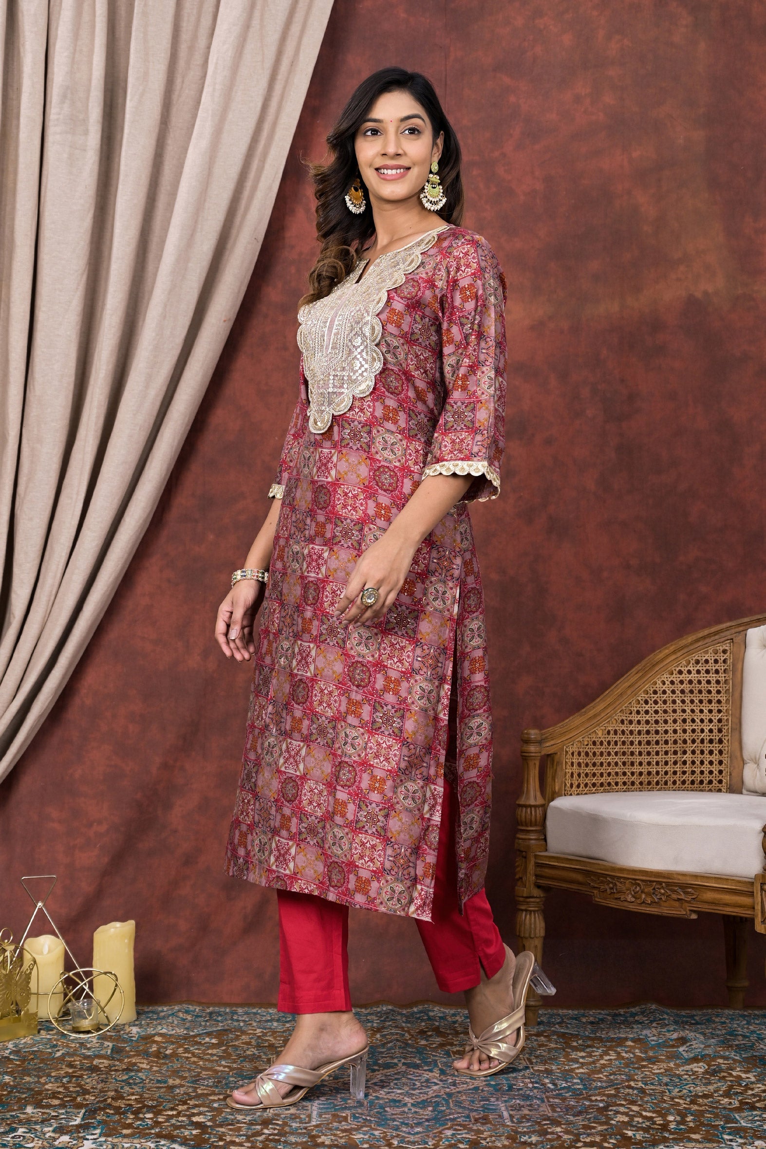 Vibrant Red Digital Print Modal Chanderi Kurta Pant Set