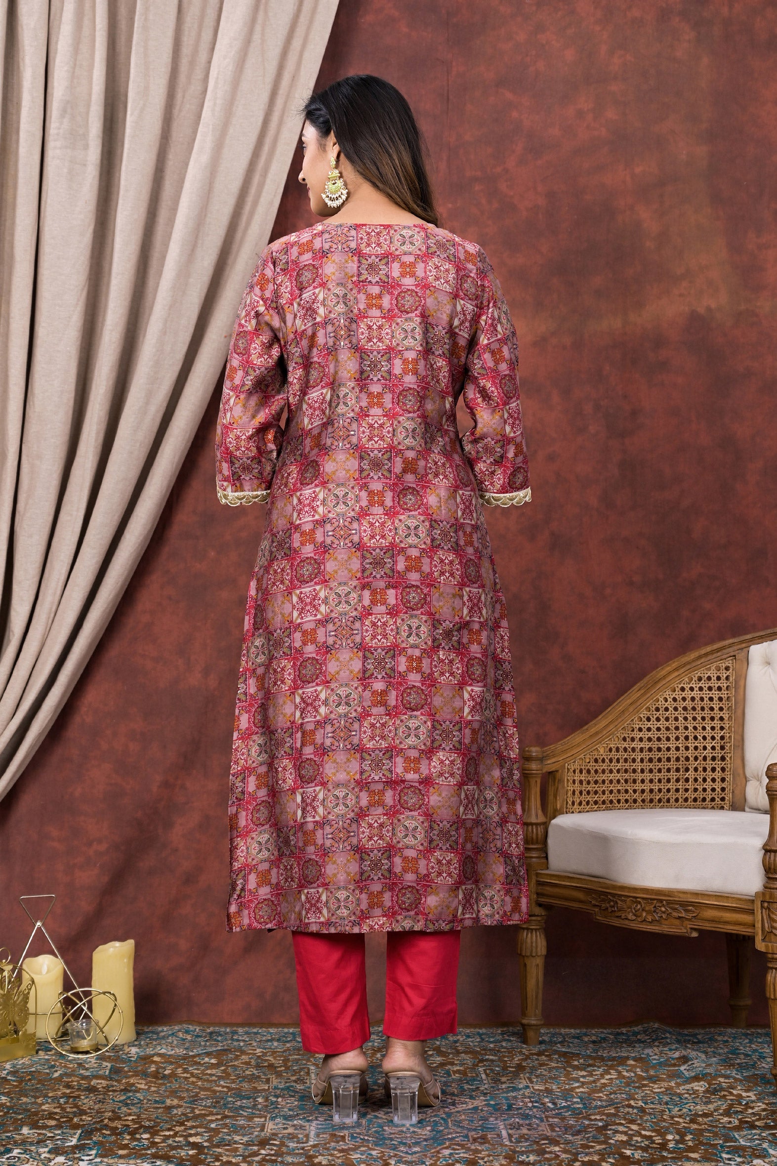 Vibrant Red Digital Print Modal Chanderi Kurta Pant Set