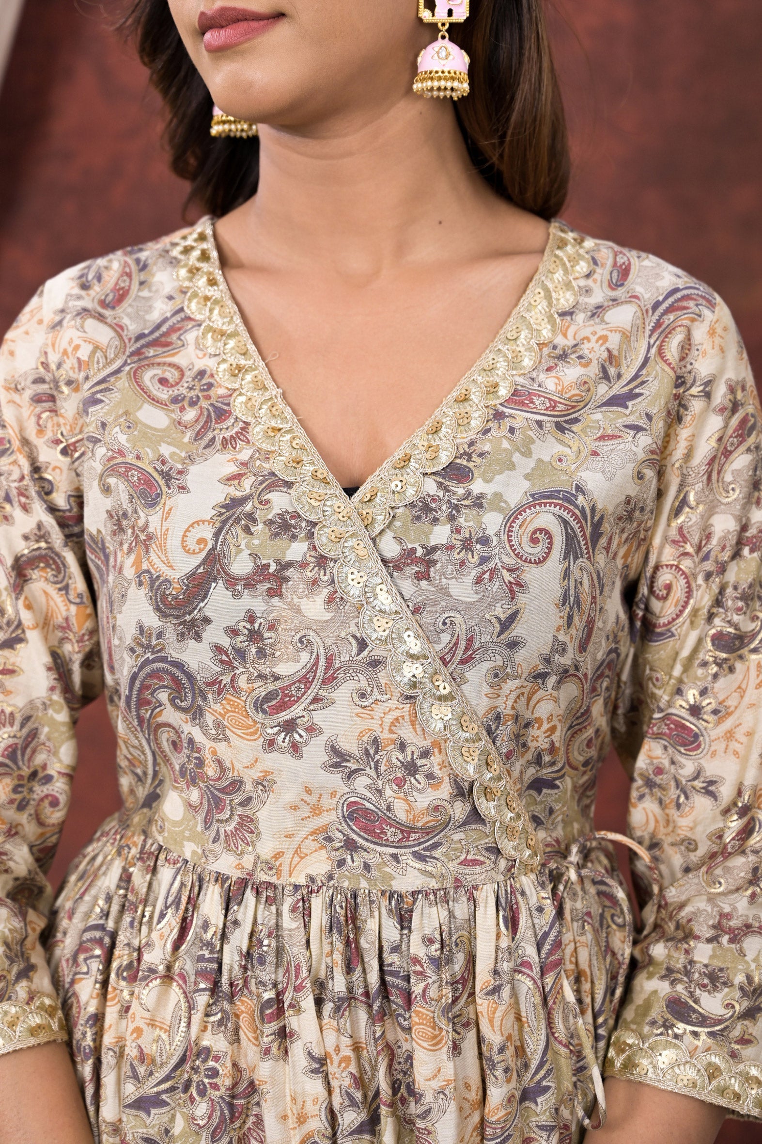 Elegant Cream Grey Modal Chanderi Angrakha Kurta Pant Set