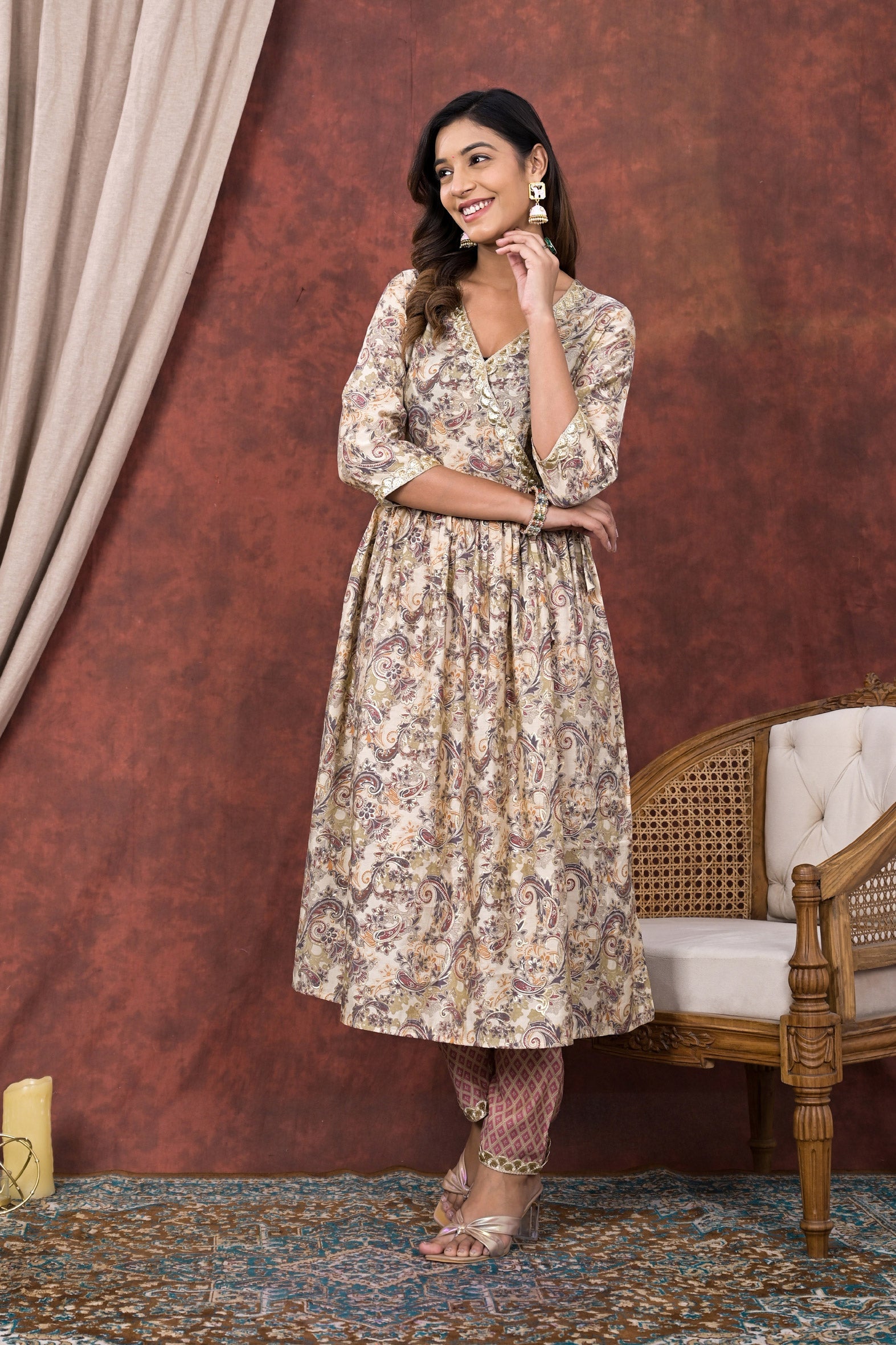 Elegant Cream Grey Modal Chanderi Angrakha Kurta Pant Set