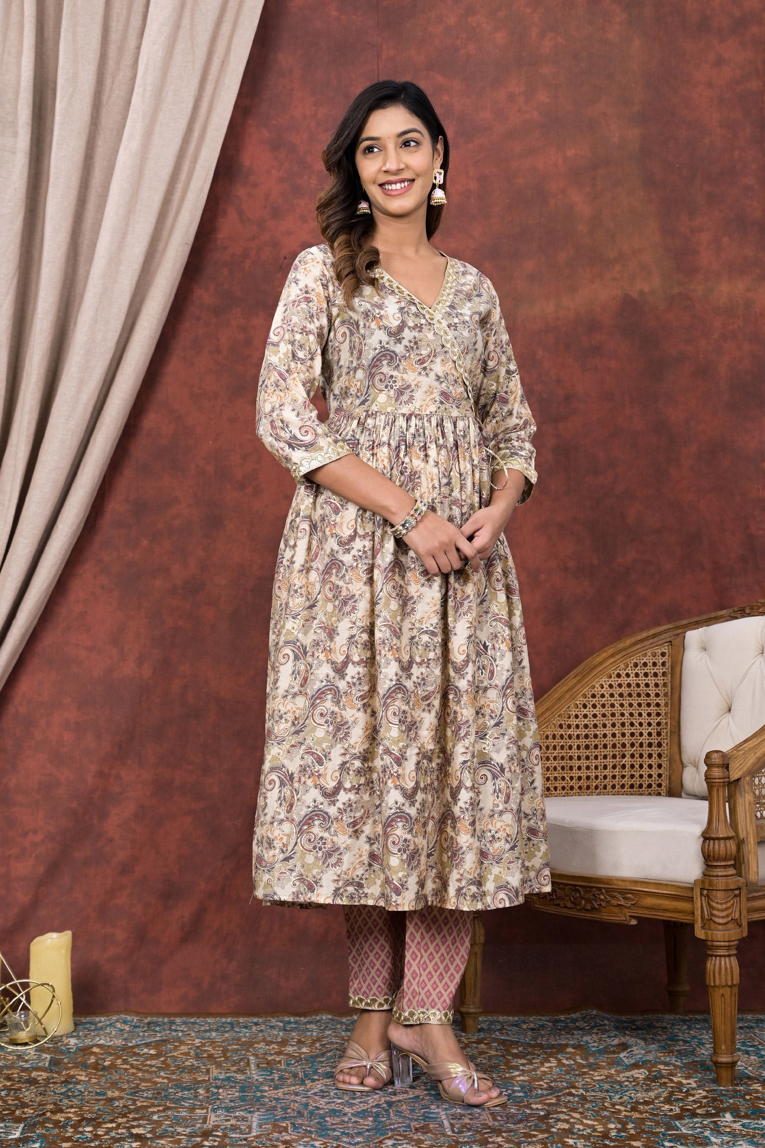 Elegant Cream Grey Modal Chanderi Angrakha Kurta Pant Set