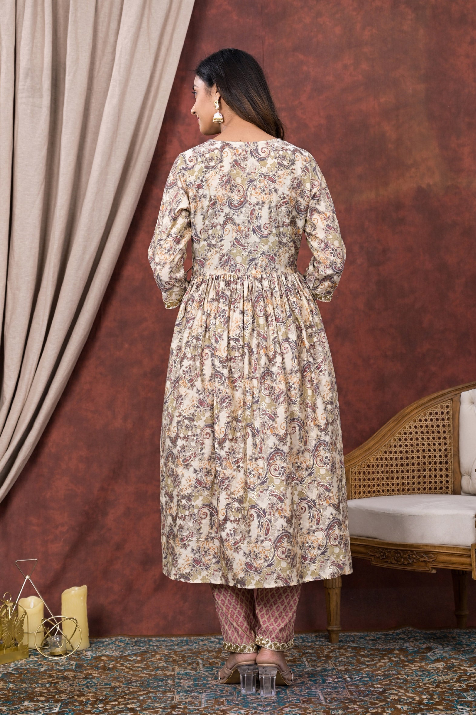 Elegant Cream Grey Modal Chanderi Angrakha Kurta Pant Set