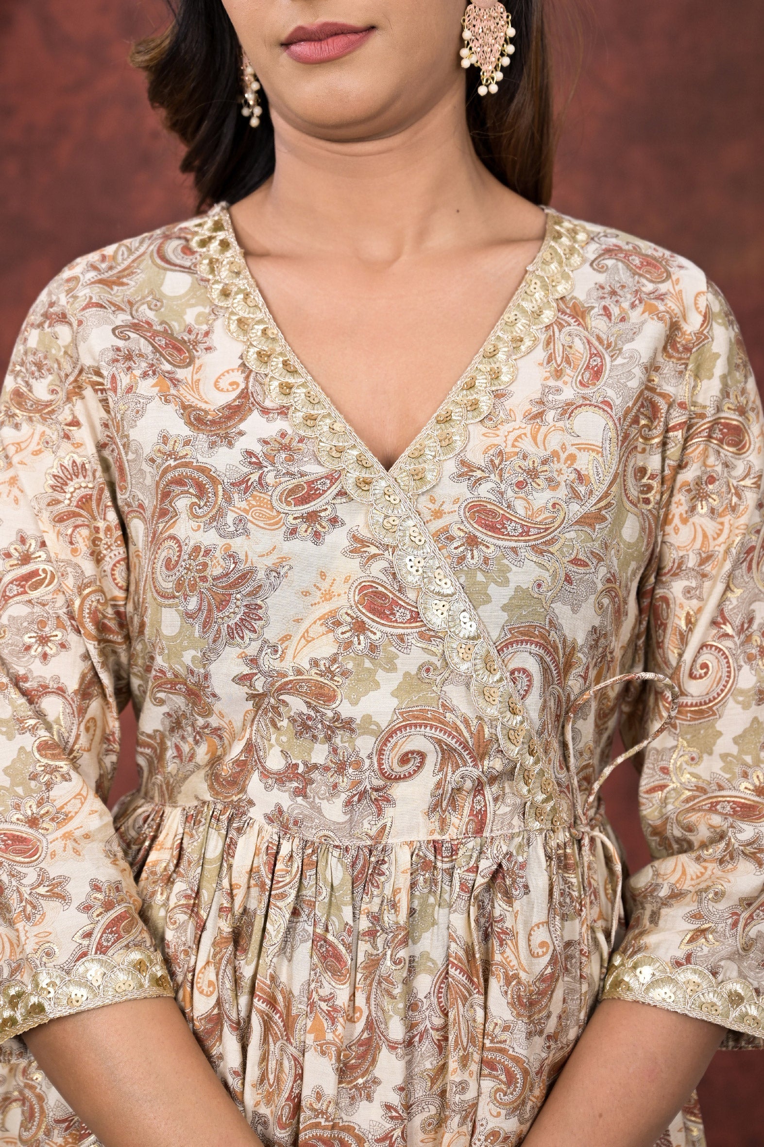 Elegant Cream Mustard Modal Chanderi Angrakha Kurta Pant Set