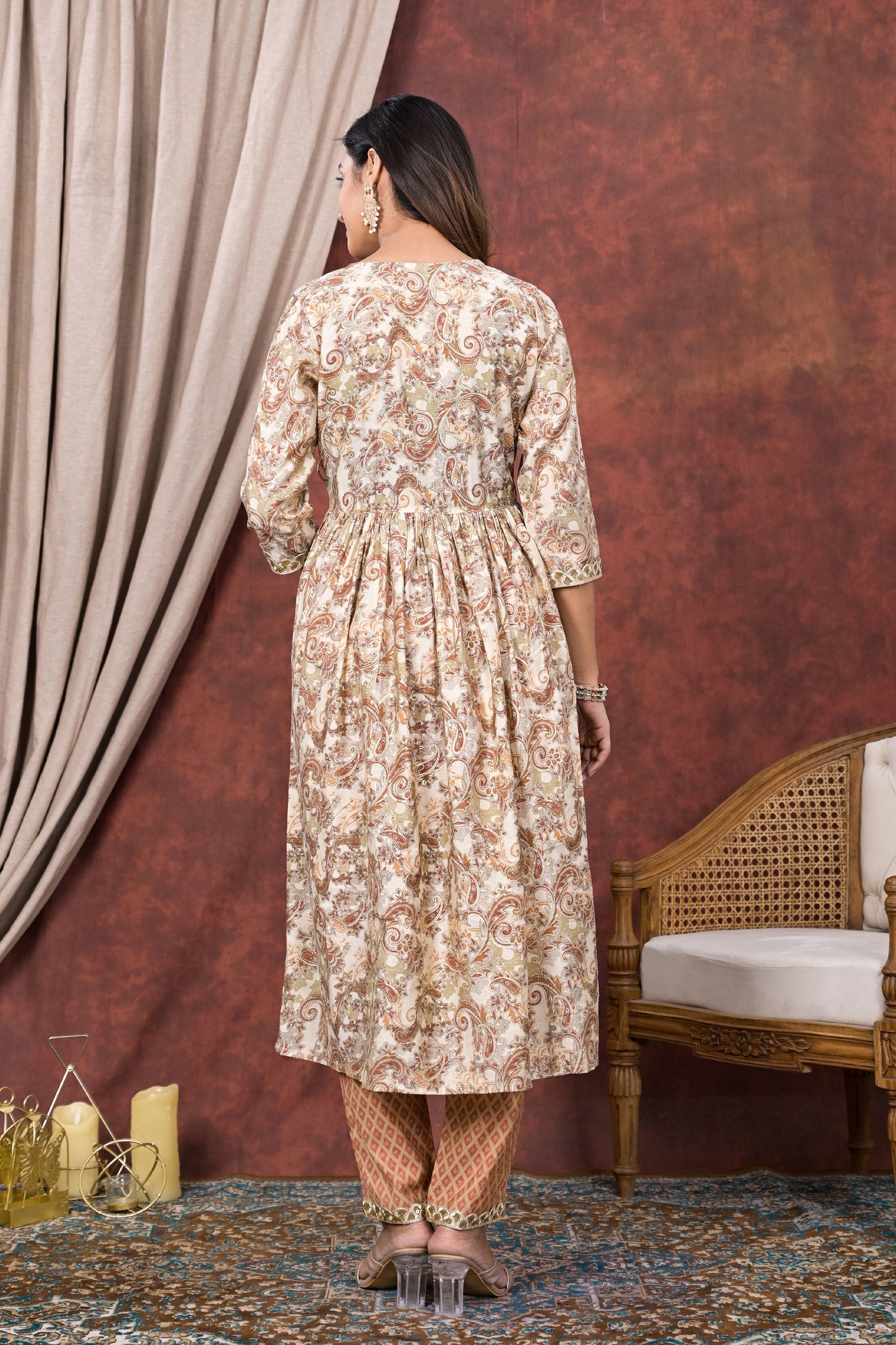 Elegant Cream Mustard Modal Chanderi Angrakha Kurta Pant Set